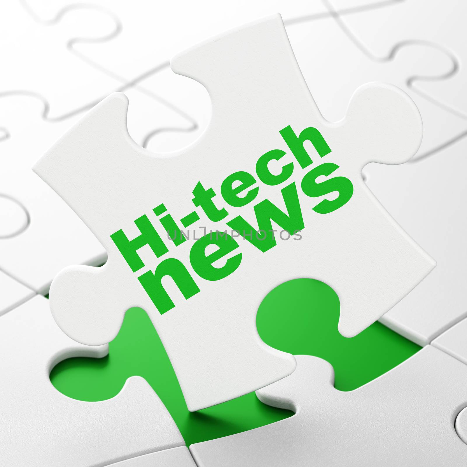 News concept: Hi-tech News on White puzzle pieces background, 3D rendering