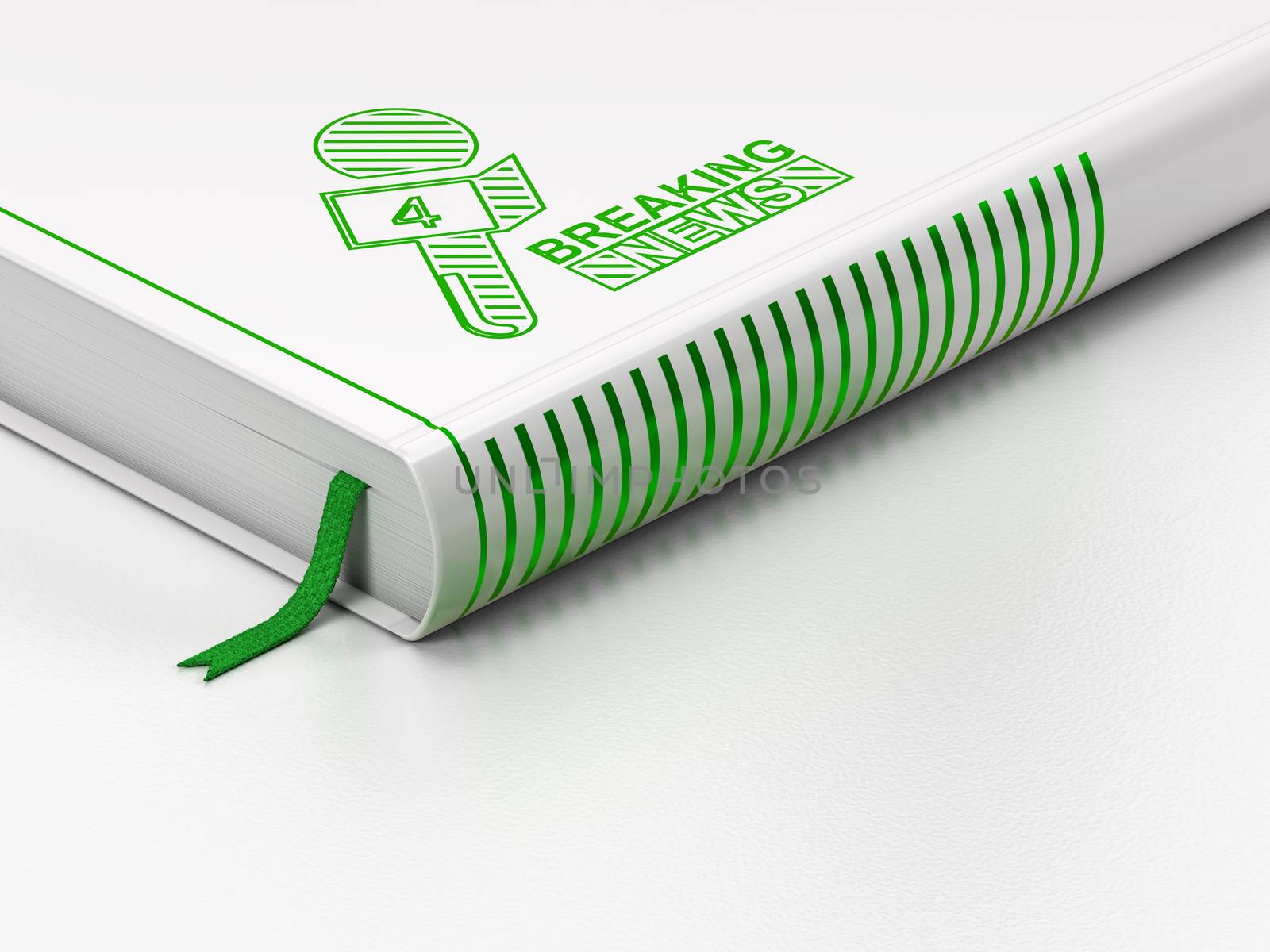 News concept: closed book with Green Breaking News And Microphone icon on floor, white background, 3D rendering