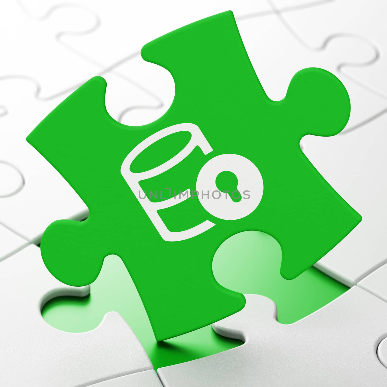 Programming concept: Database With Lock on Green puzzle pieces background, 3D rendering