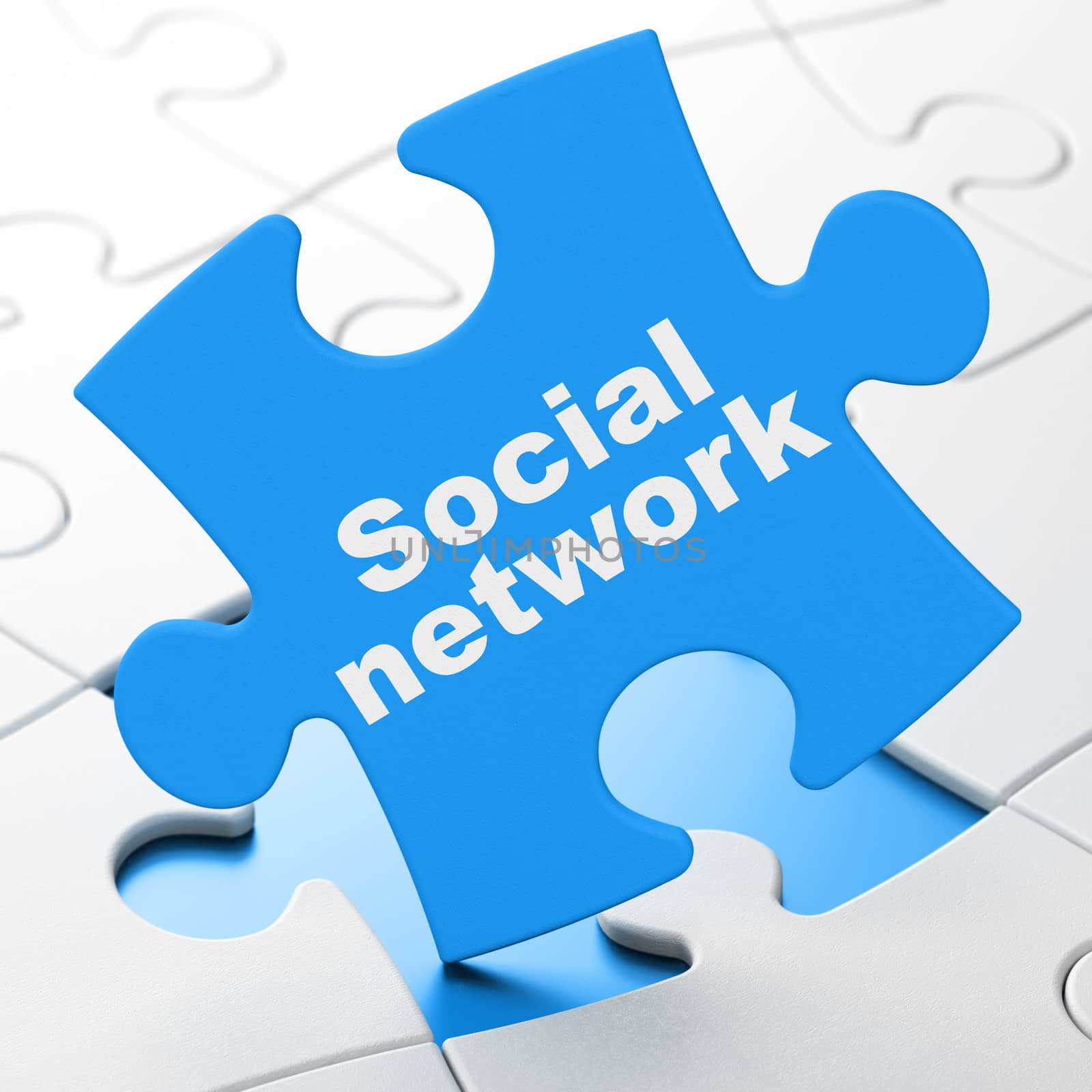 Social network concept: Social Network on Blue puzzle pieces background, 3D rendering