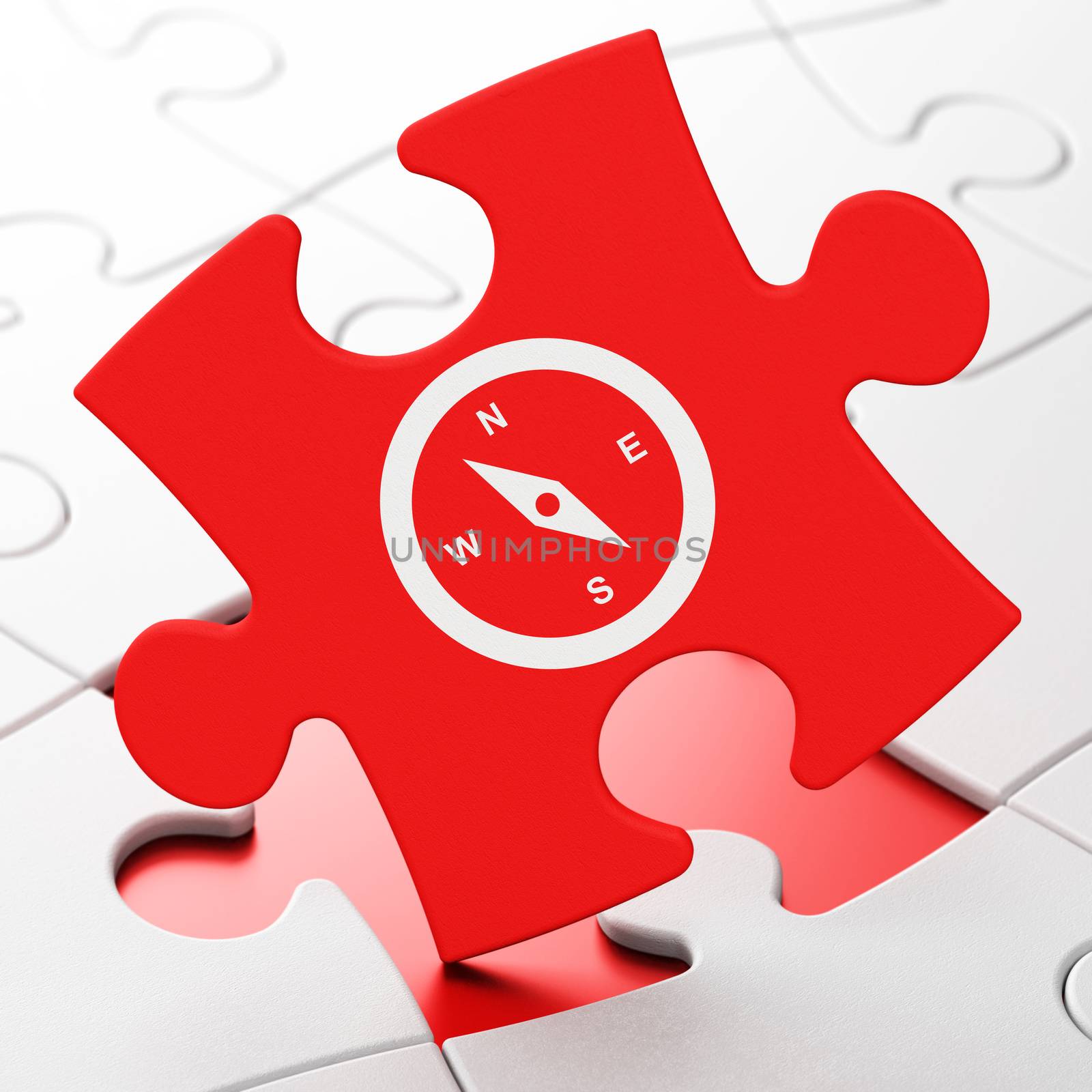 Tourism concept: Compass on Red puzzle pieces background, 3D rendering