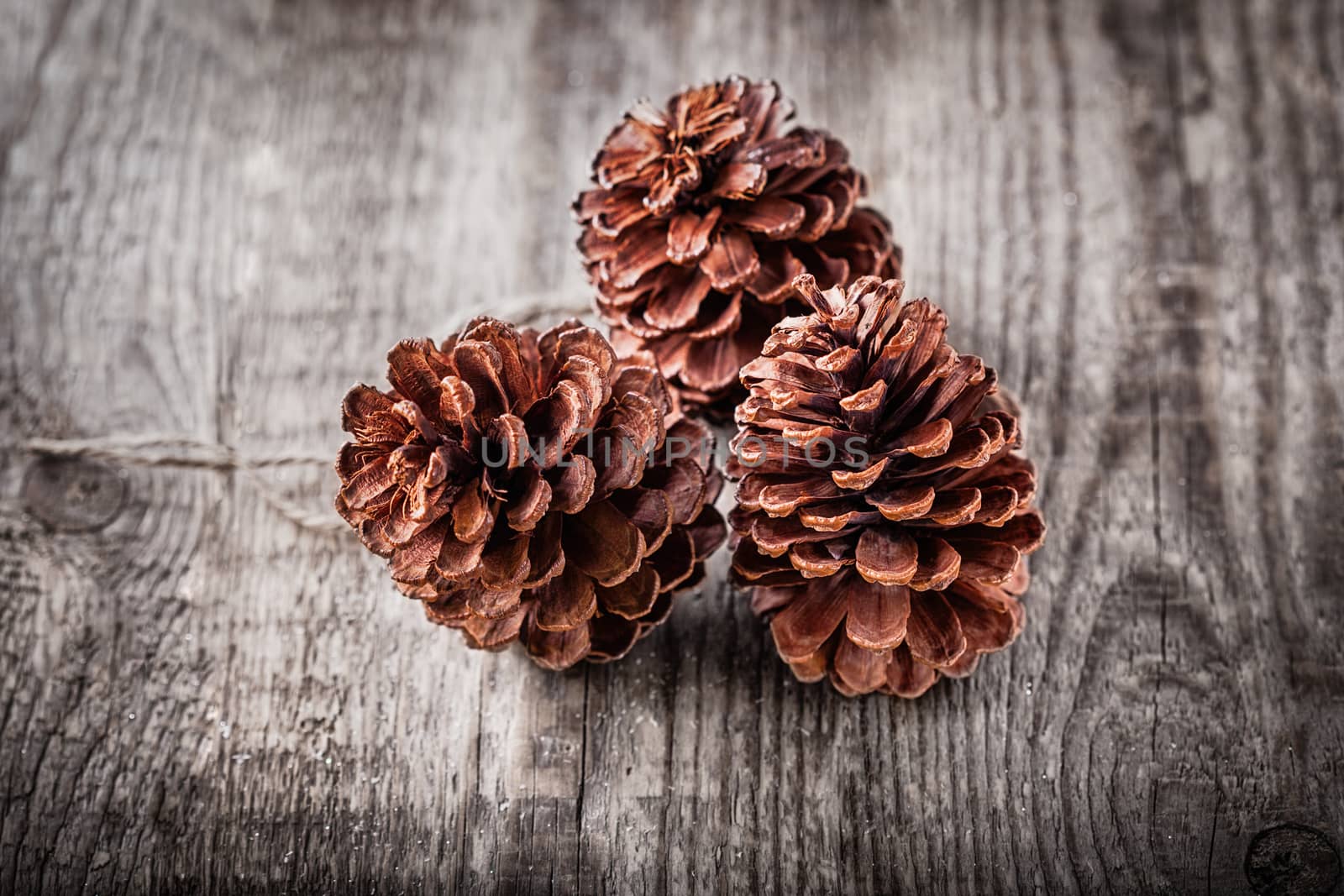 Natural wooden background with three pine cones