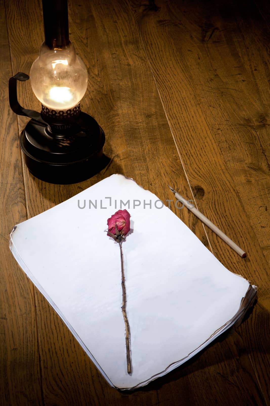 Old oil lamp, manuscript and rose on a wooden table