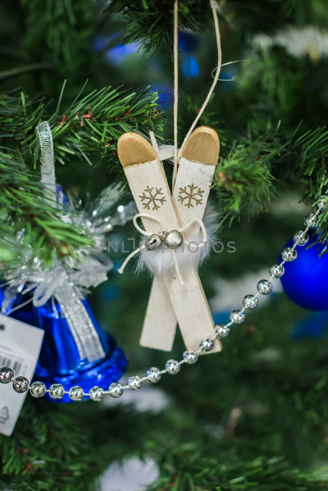 Christmas decorations on a Christmas tree. Christmas decorations like skis