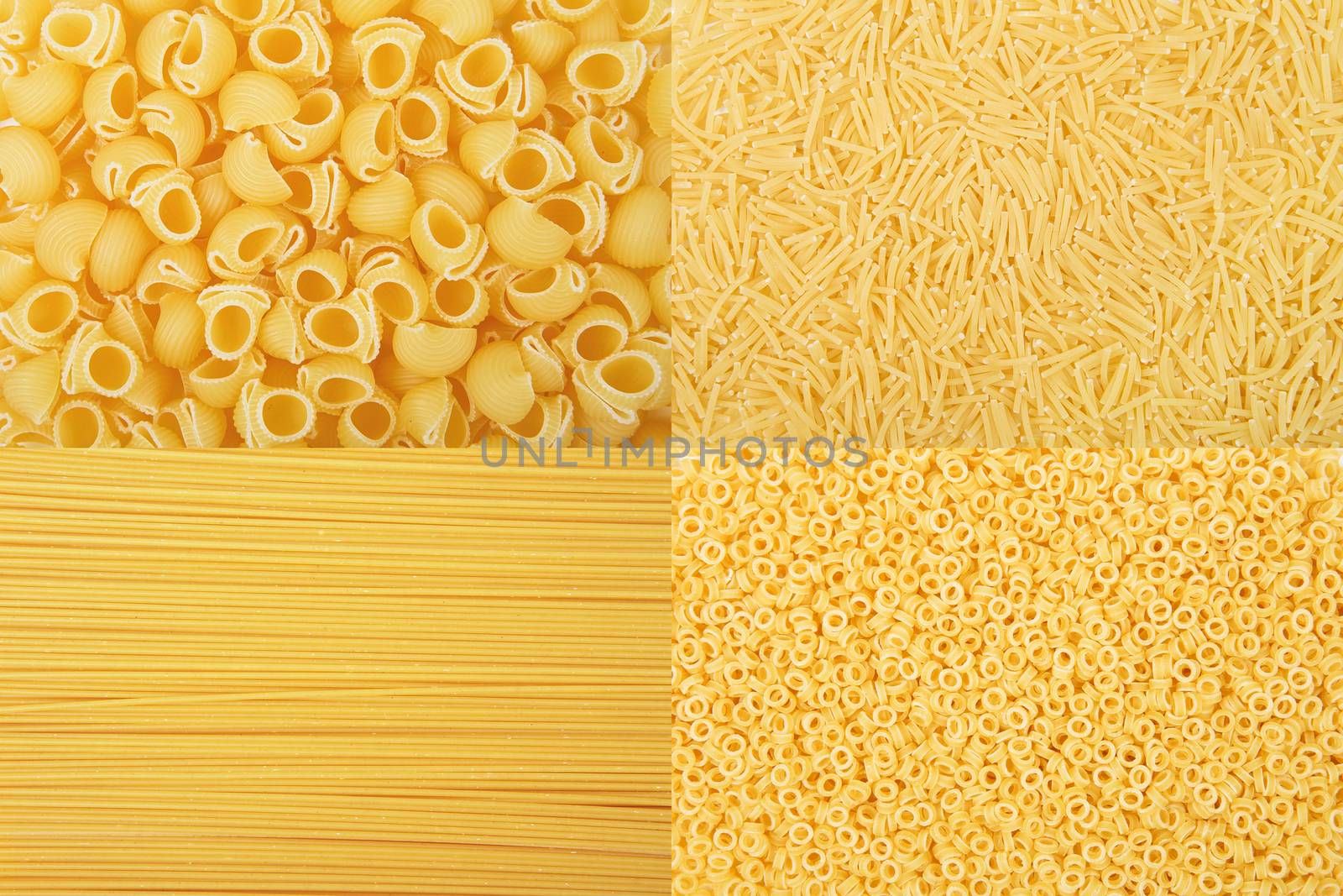 Rectangular collage of various raw yellow pasta backgrounds. Vermicelli, Spaghetti, Anellini, Rigate