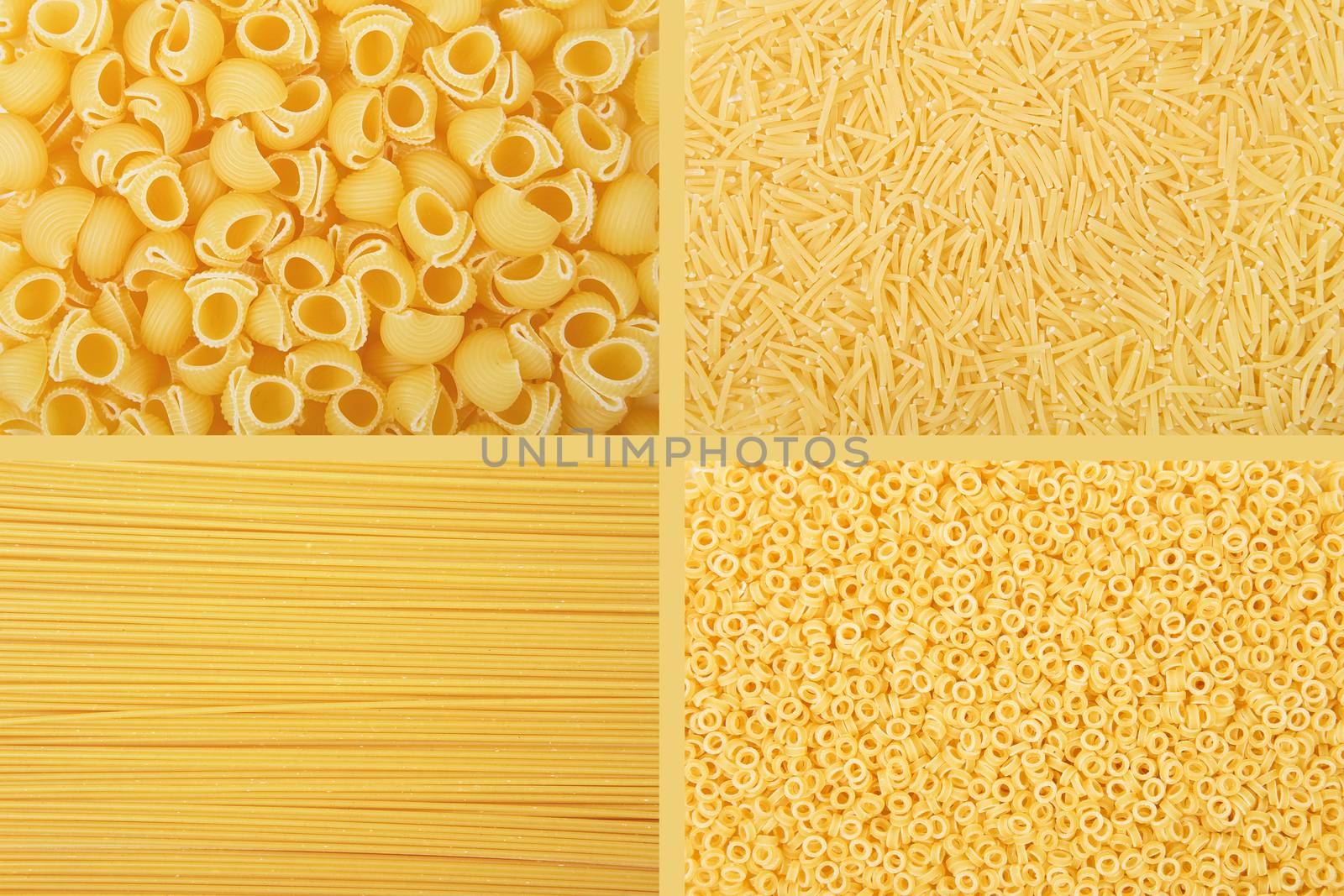 Rectangular collage of various raw yellow pasta backgrounds. Vermicelli, Spaghetti, Anellini, Rigate