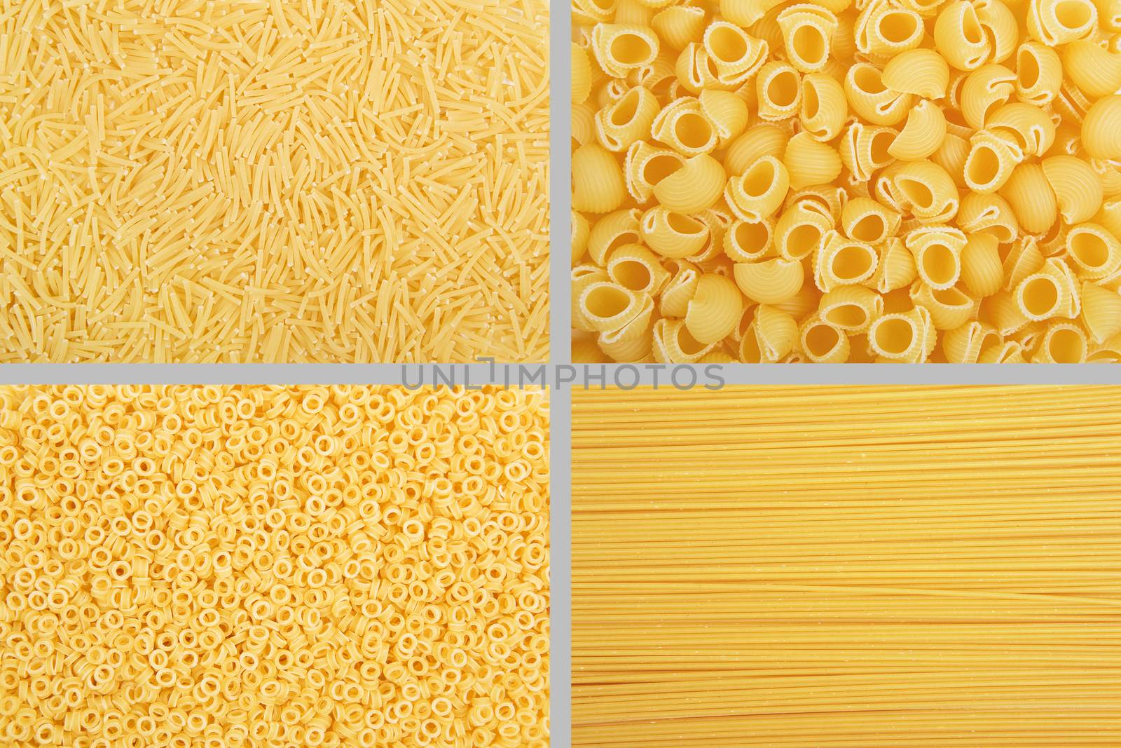 Rectangular collage of various raw yellow pasta backgrounds. Vermicelli, Spaghetti, Anellini, Rigate