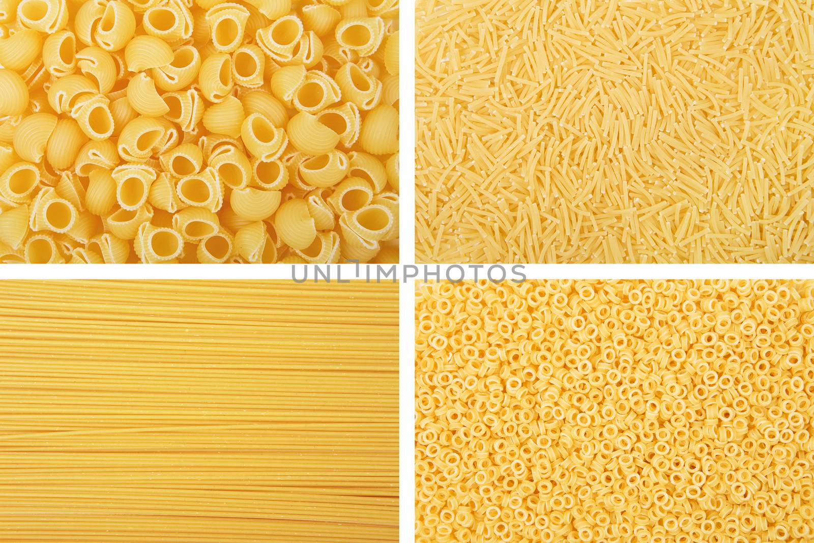 Rectangular collage of various raw yellow pasta backgrounds. Vermicelli, Spaghetti, Anellini, Rigate