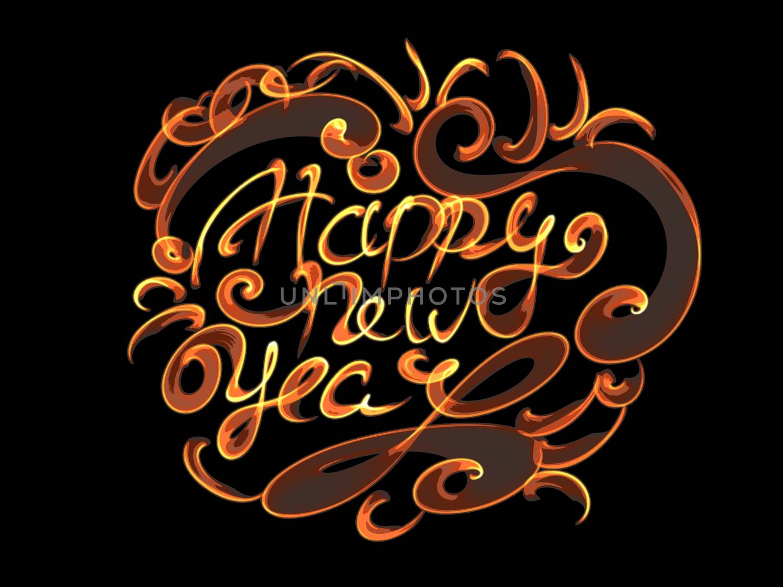 Happy new year isolated words lettering written with fire flame or smoke on black background in cartoon style by skrotov