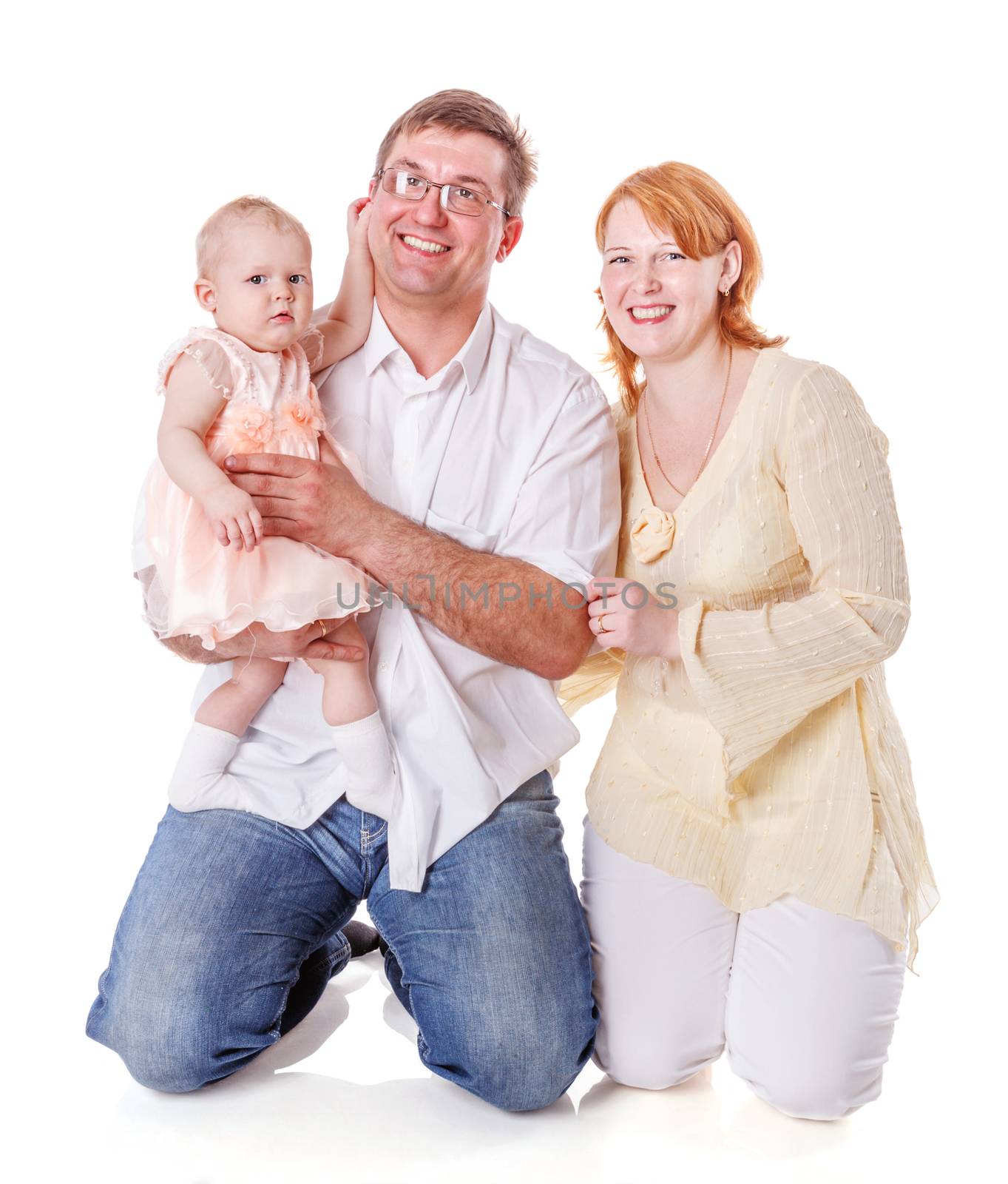 Happy Family of mother father and one year baby isolated