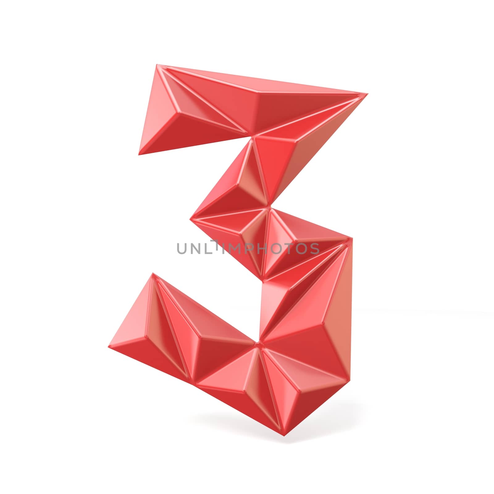Red modern triangular font digit THREE 3 3D render illustration isolated on white background