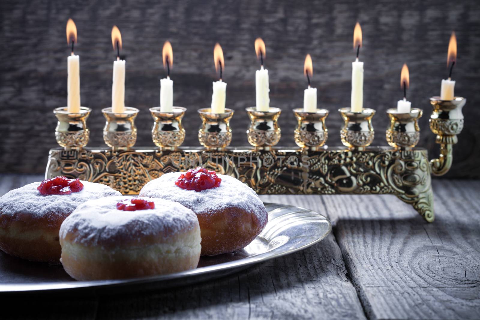 Sufganiyot and nine branched menora for Hanukkah by supercat67