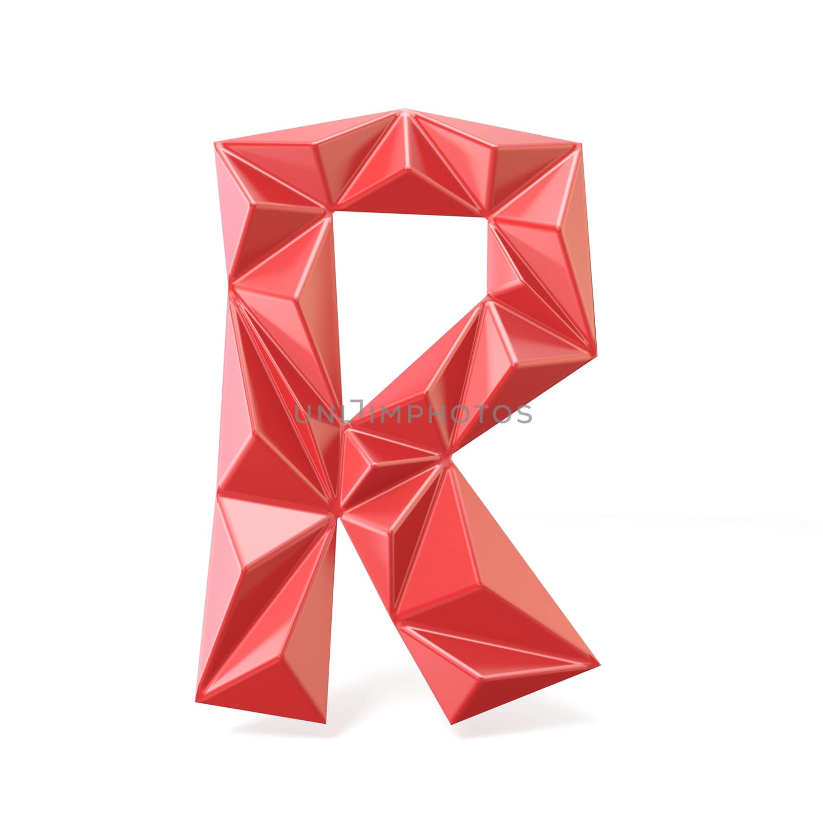Red modern triangular font letter R. 3D render illustration isolated on white background