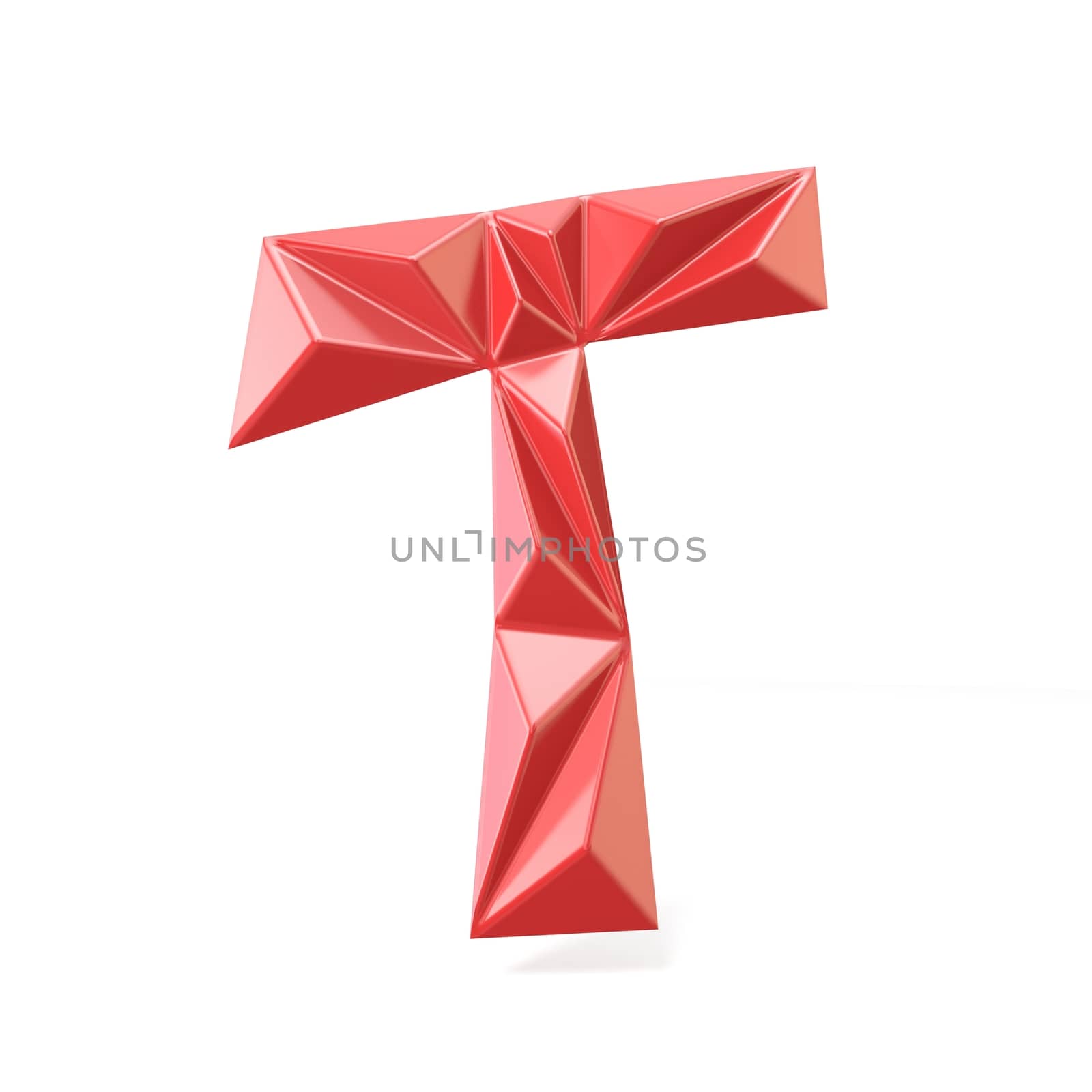 Red modern triangular font letter T. 3D render illustration isolated on white background