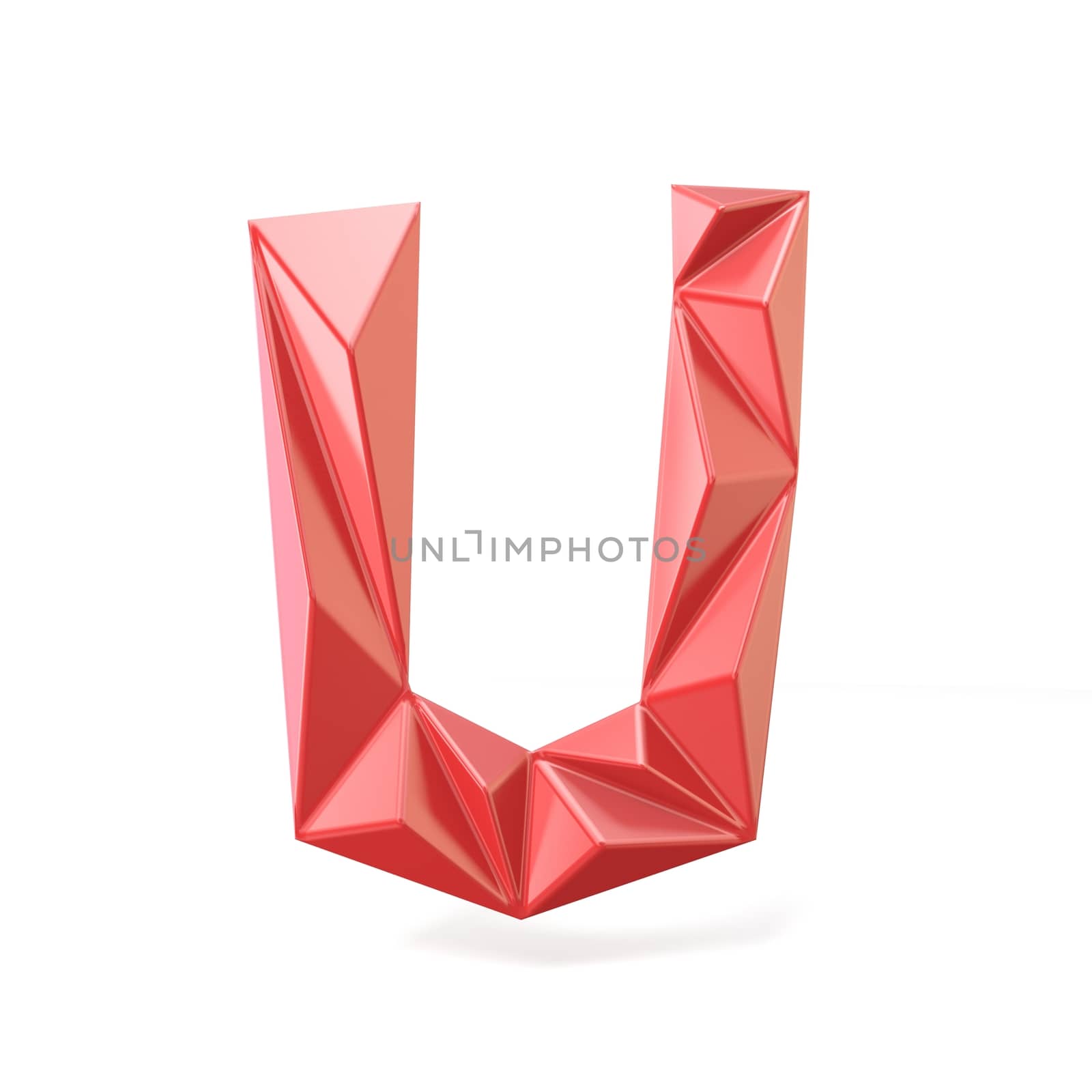Red modern triangular font letter U. 3D render illustration isolated on white background