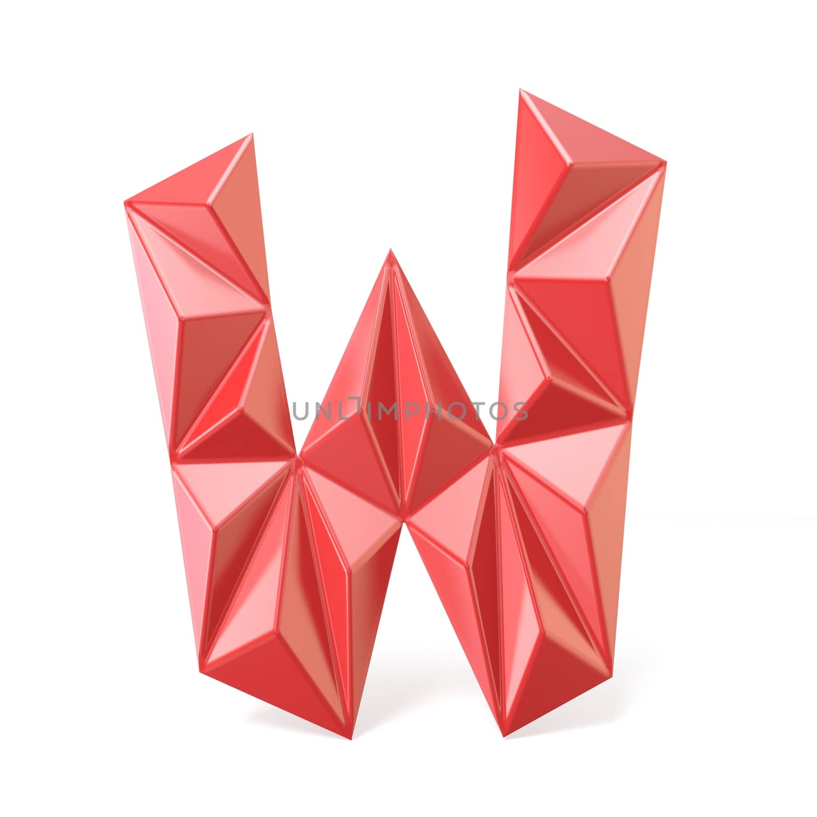 Red modern triangular font letter W. 3D render illustration isolated on white background