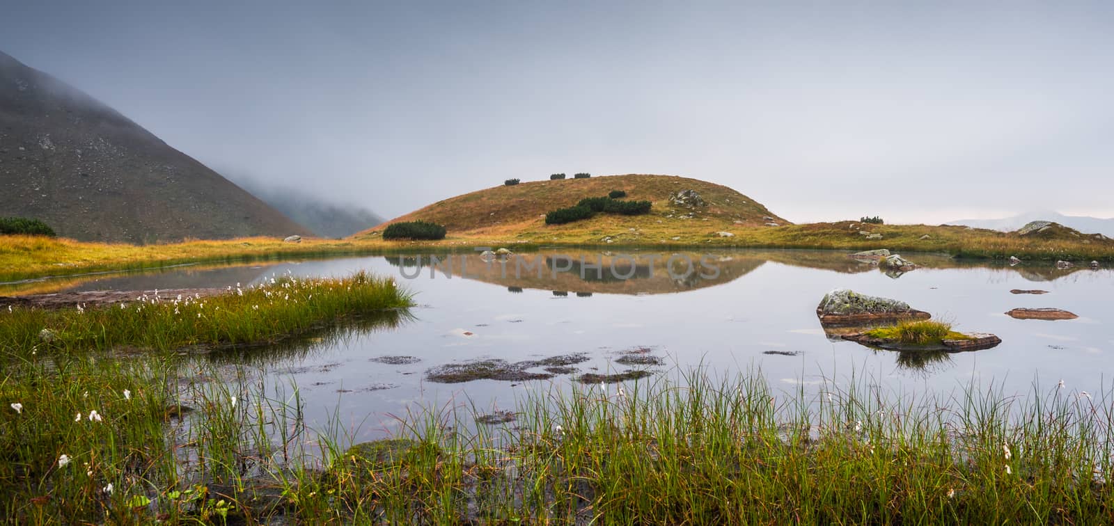 Small Tarn with Rocks in Foggy West Tatra Mountains