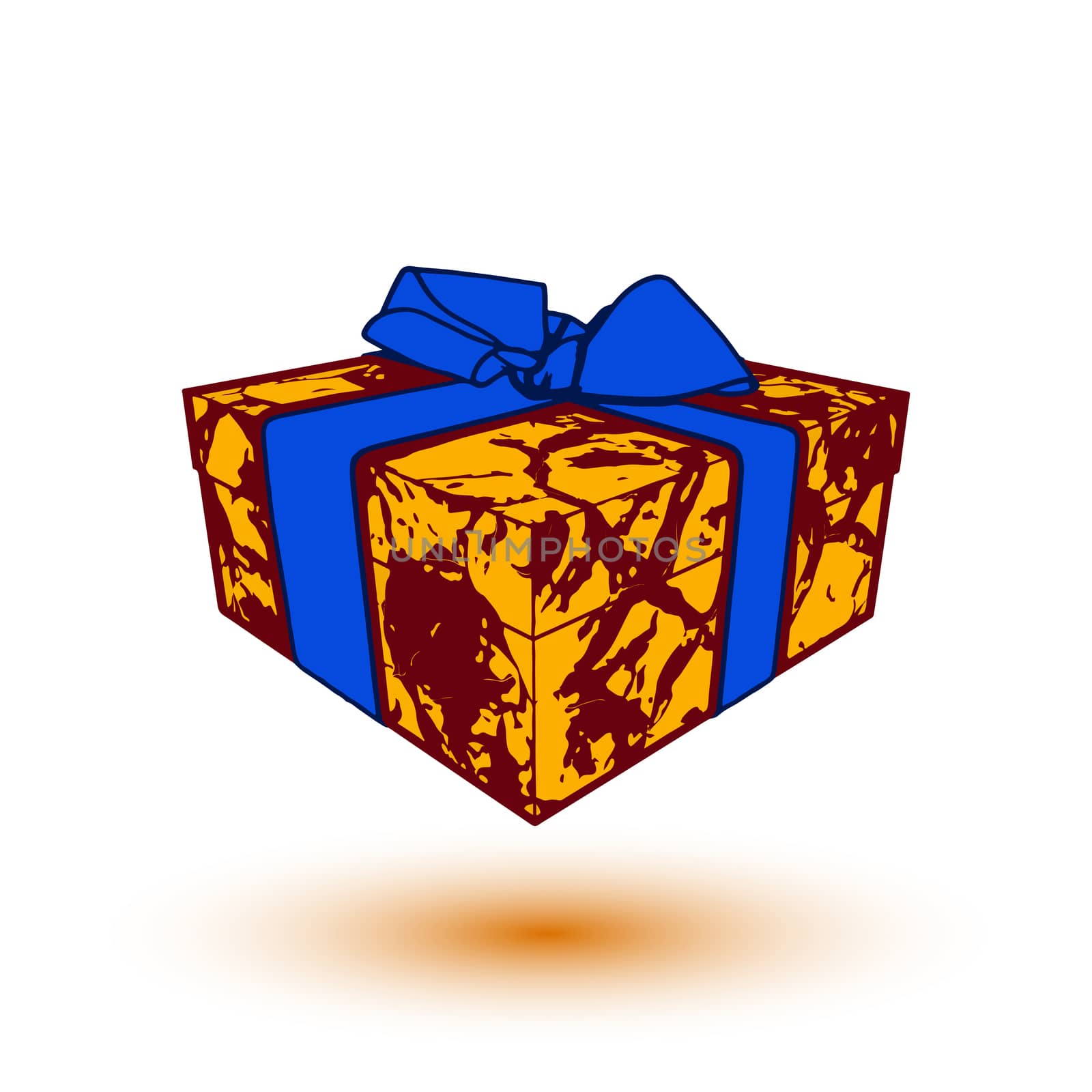 orange gift box present with blue bow and ribbon.  illustration by skrotov