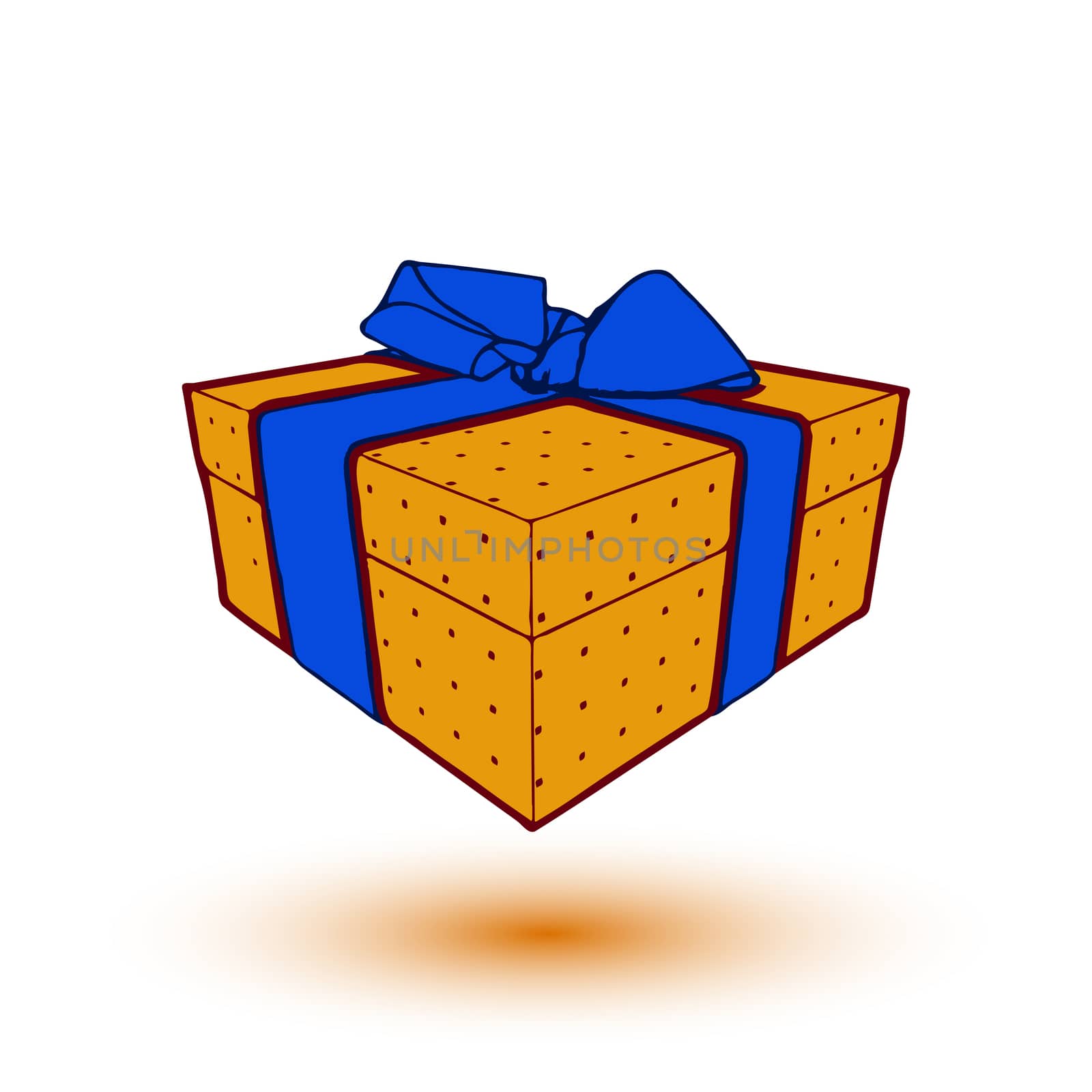 orange gift box present with blue bow and ribbon.  illustration by skrotov