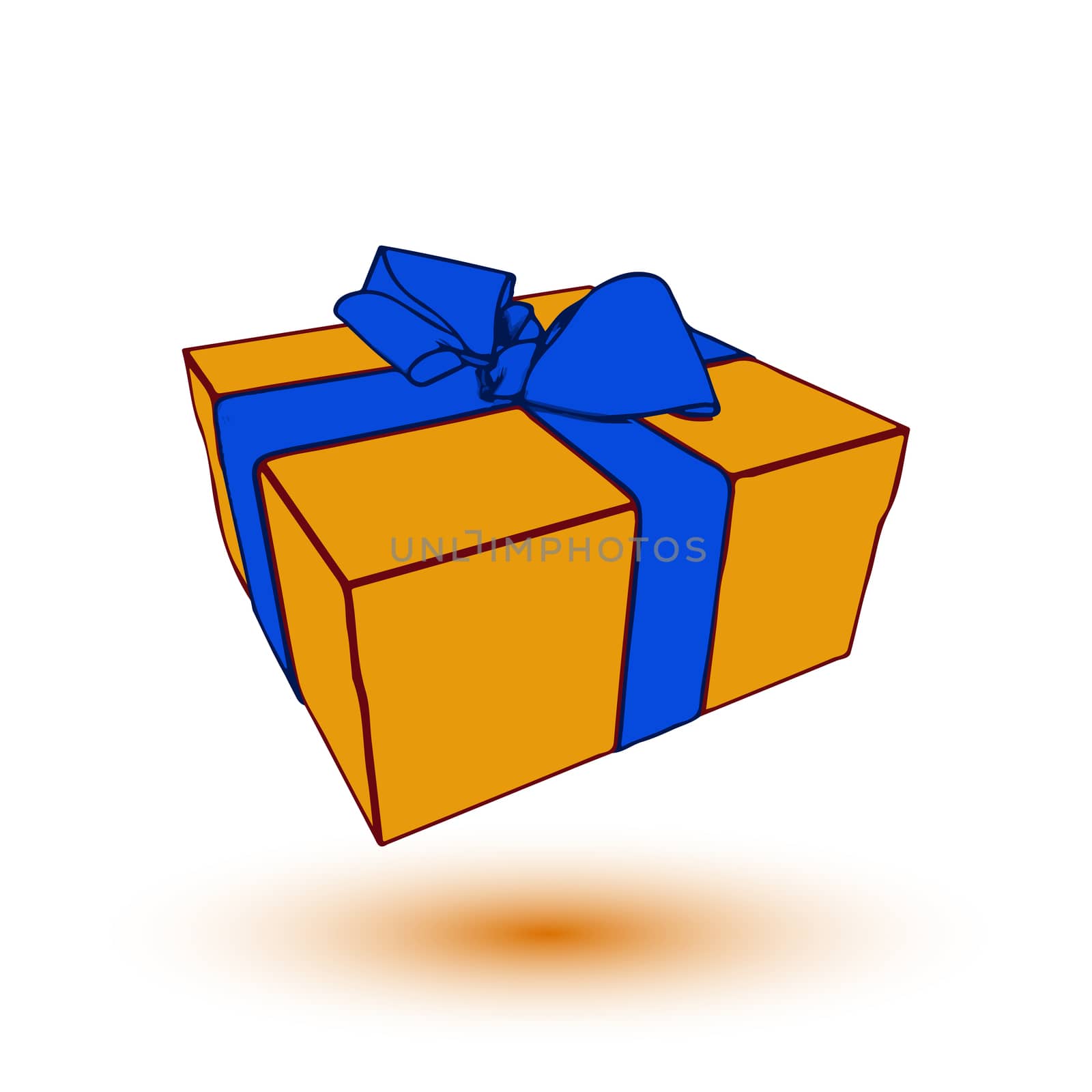 orange gift box present with blue bow and ribbon.  illustration by skrotov