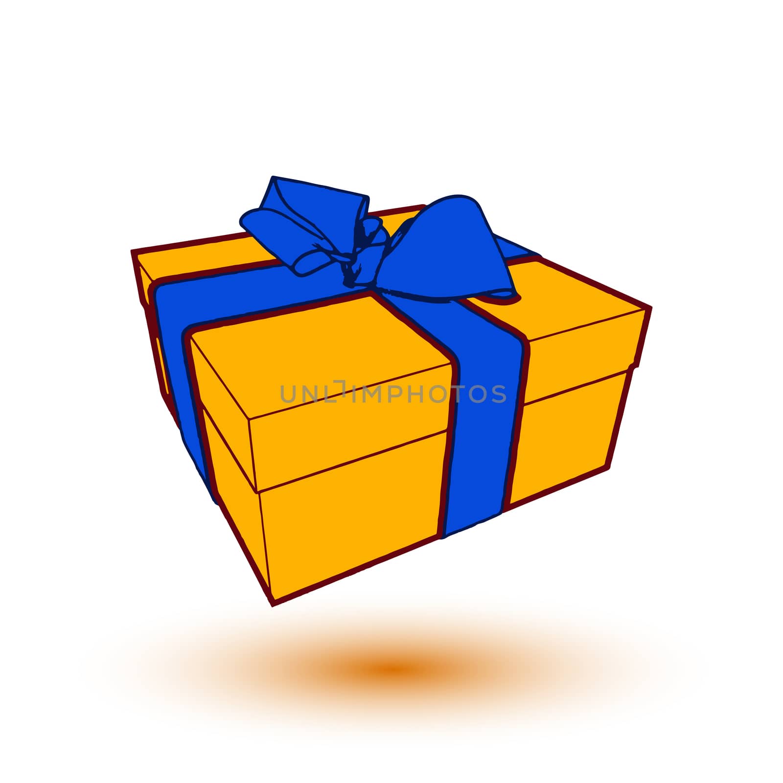 orange gift box present with blue bow and ribbon.  illustration.