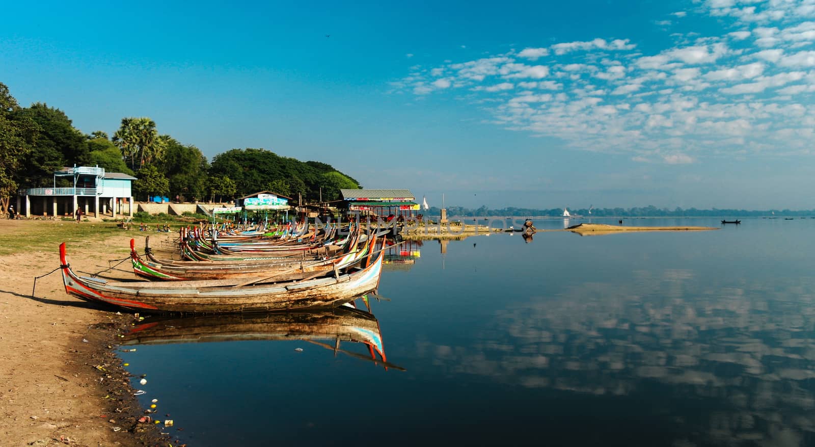 Boats near Taungthaman shore, Amarapura, Mandalay Myanmar