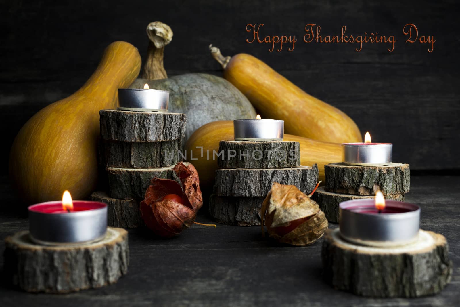 Happy Thanksgiving Day, Decoration on a wooden table with Burnin by alexandarilich