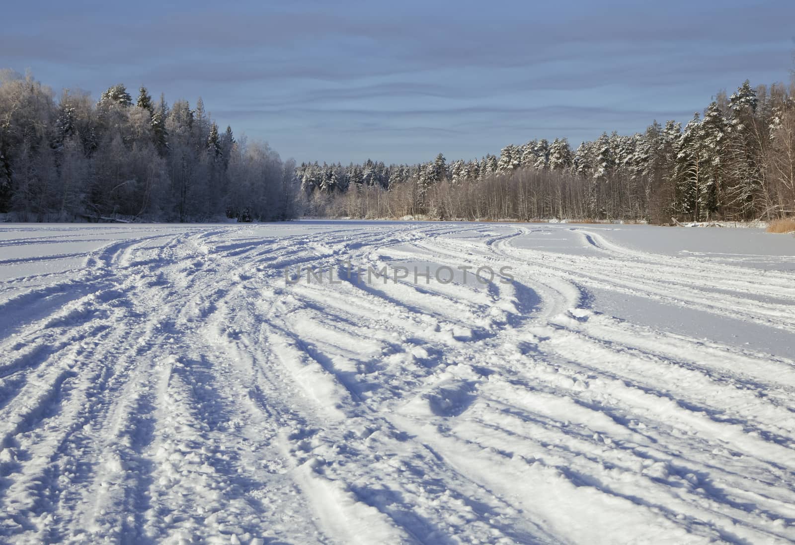 Many ski and car tracks on snow
