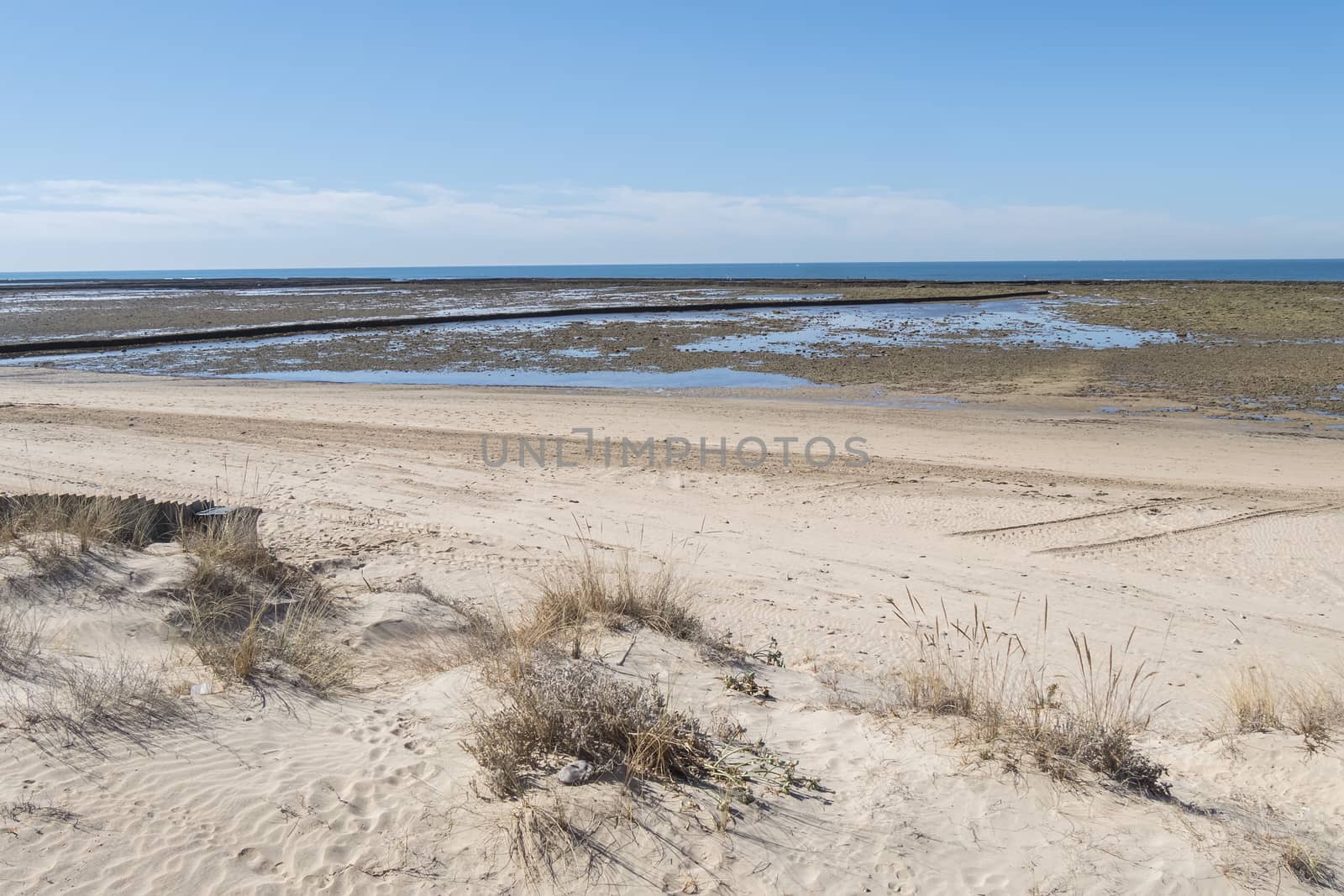 Punta Candor beach, Rota, Cadiz, Spain. Fishing weir, fish weir, fishgarth or kiddle