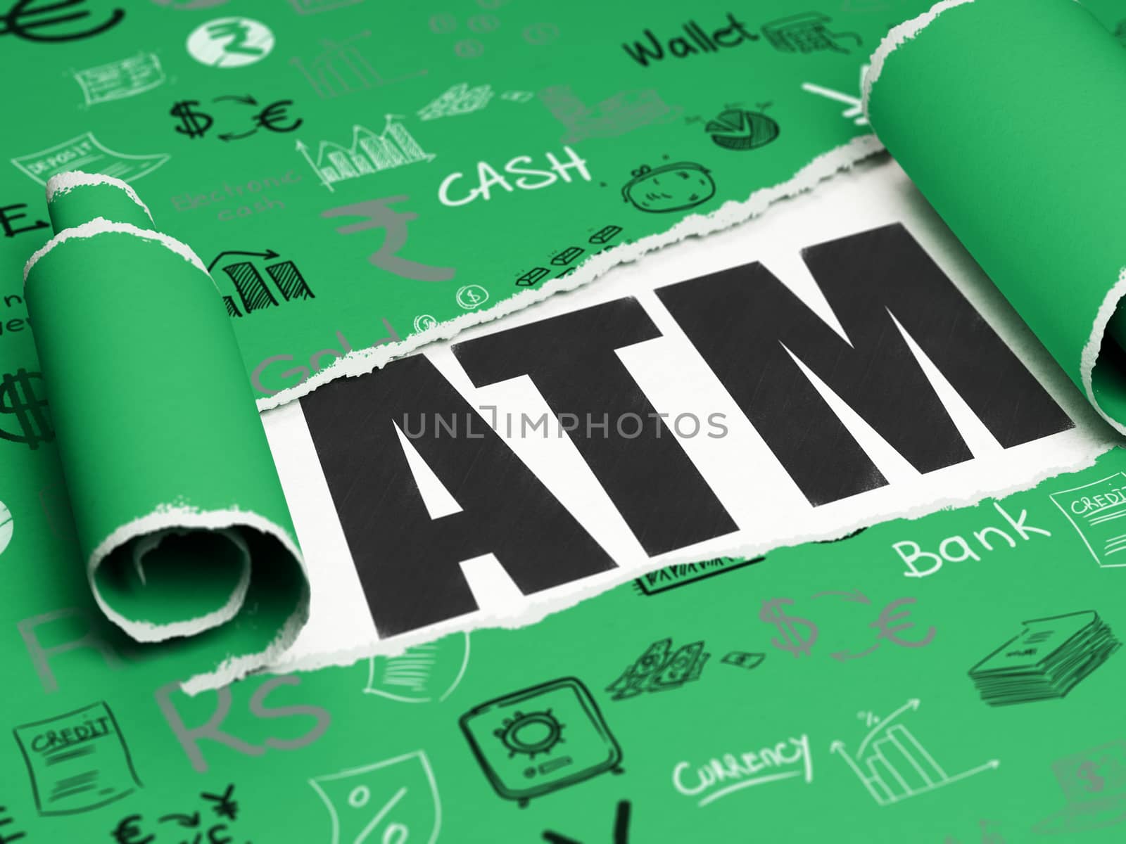 Banking concept: black text ATM under the piece of  torn paper by maxkabakov