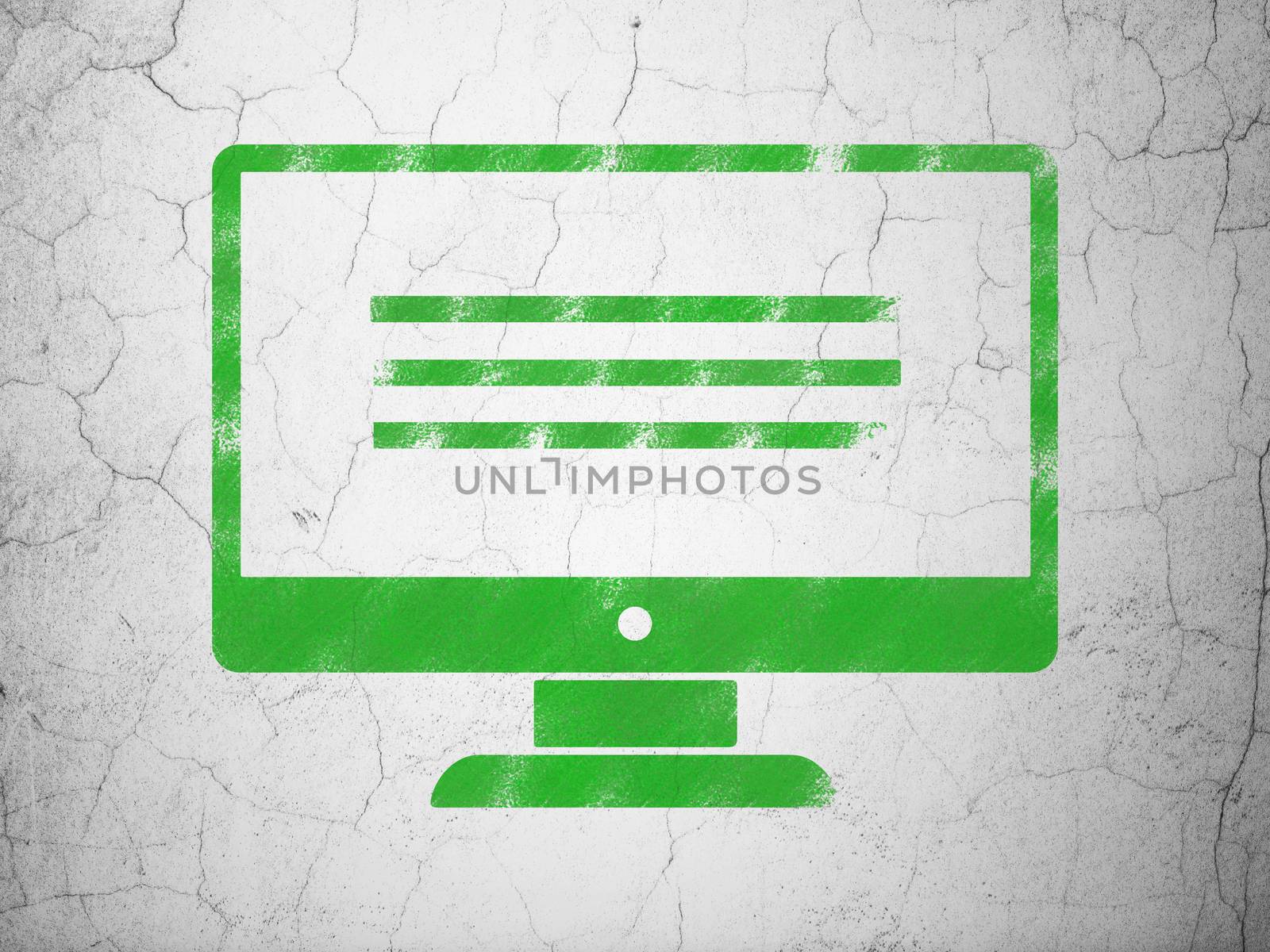 Web development concept: Green Monitor on textured concrete wall background