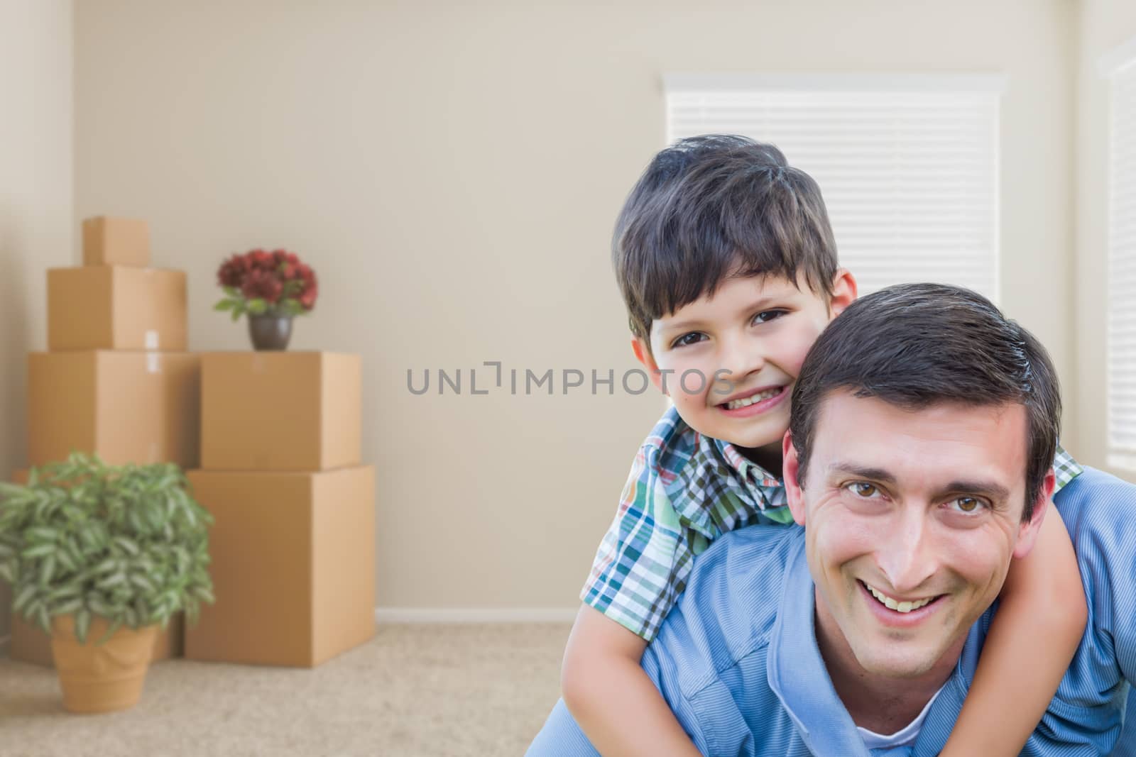 Father and Son in Room with Packed Moving Boxes and Potted Plant by Feverpitched