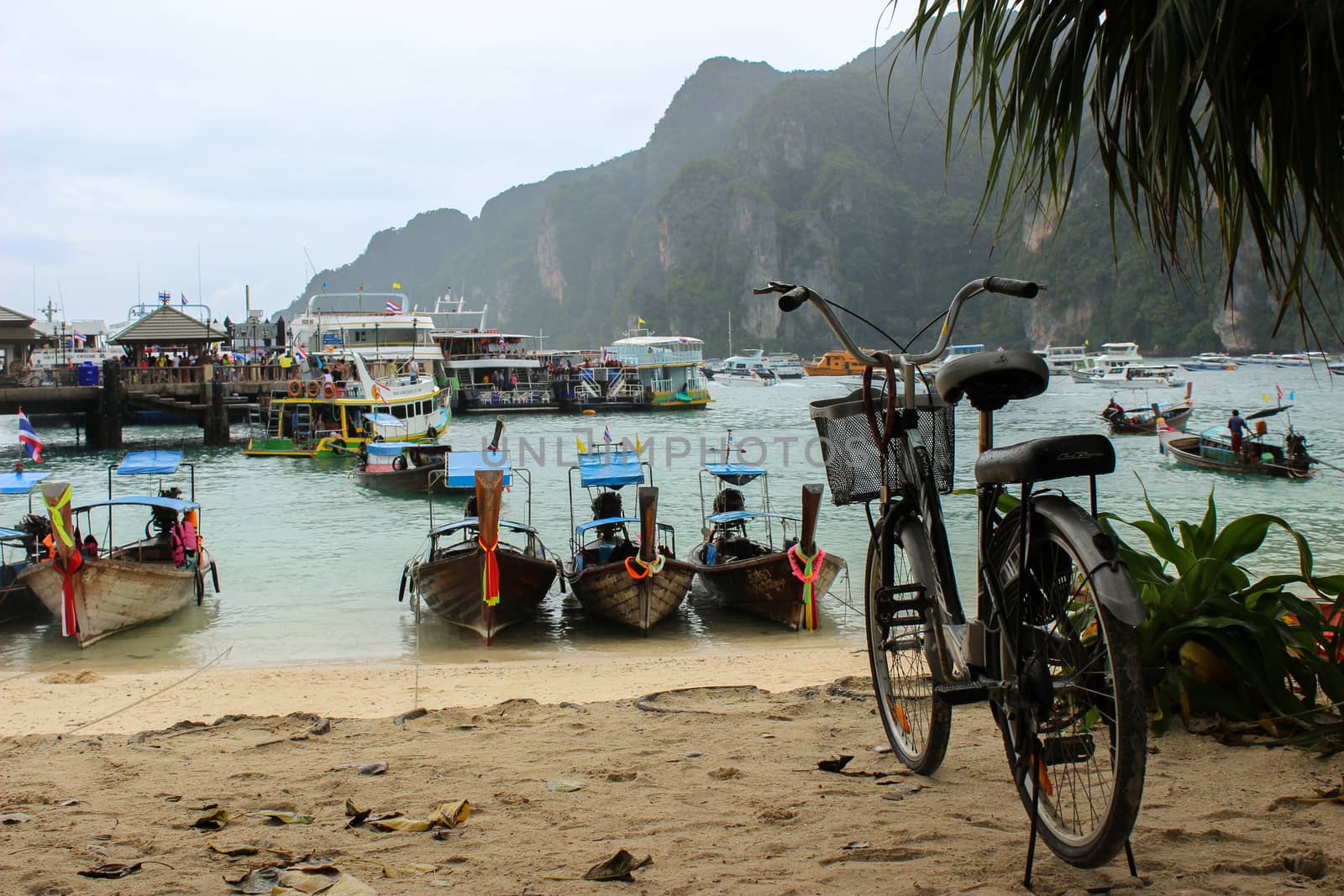 longtrail boats on port, Koh Phi Phi Don in andaman sea, Phuket, Krabi, South of Thailand.