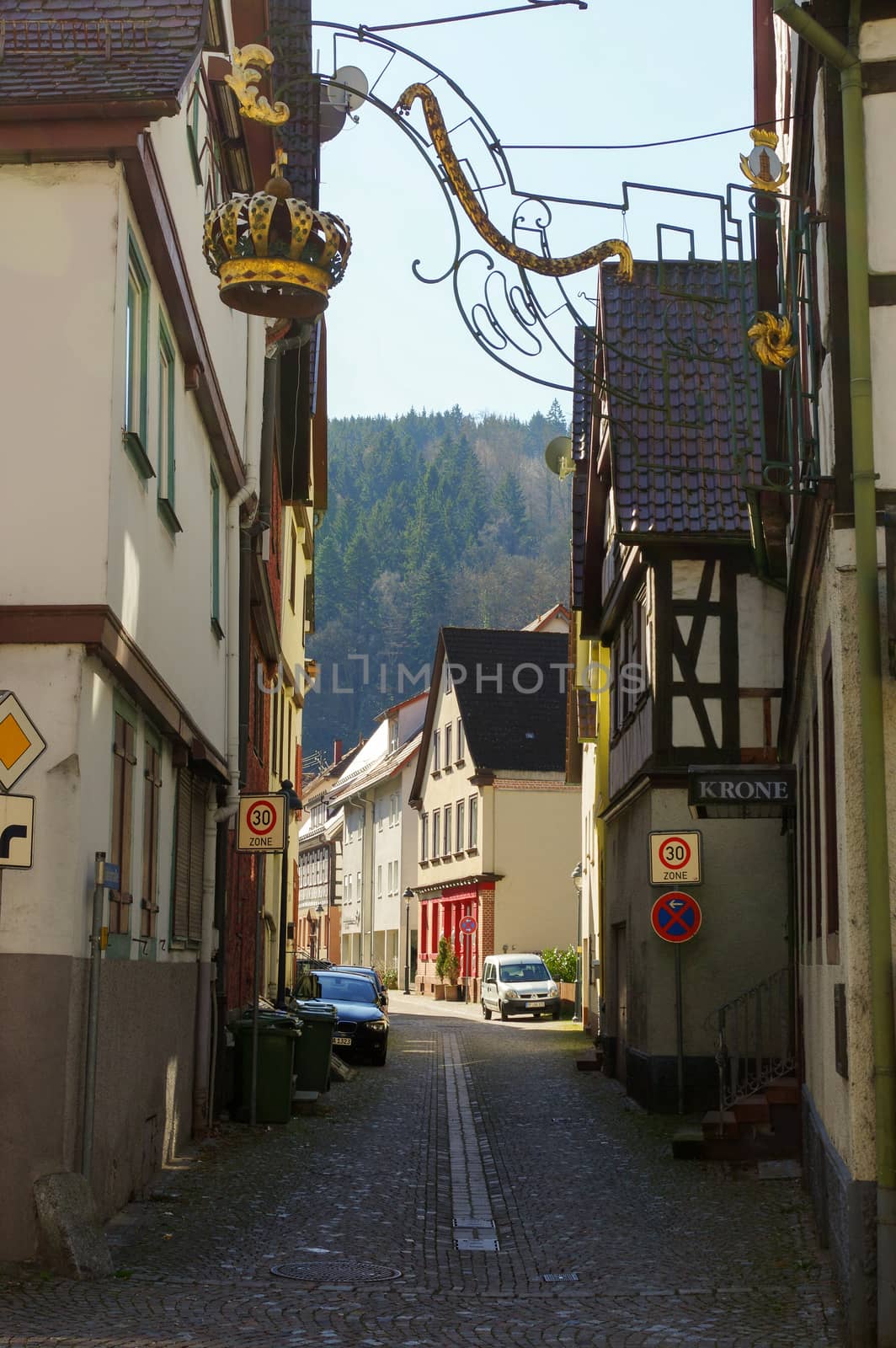 NEUENBUERG, GERMANY, April 07 - 2015: An Old town street with Residential tudor style house, Neuenbuerg Germany