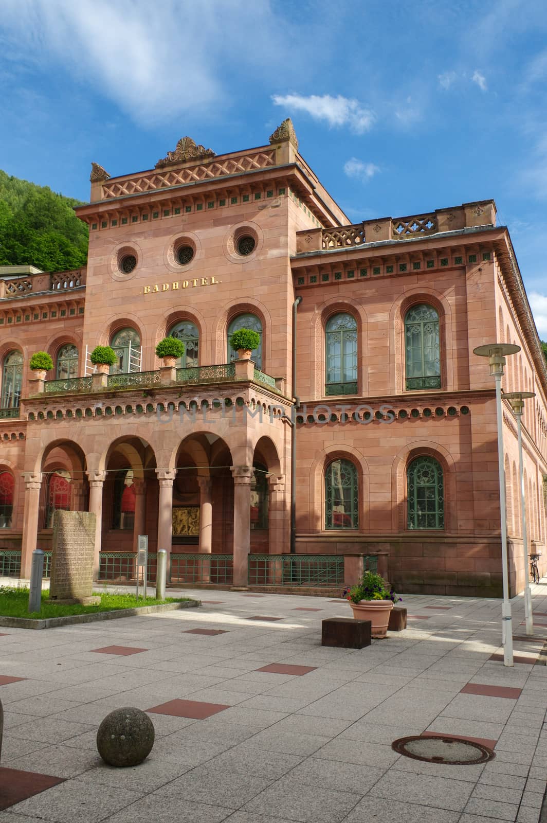 BAD WILDBAD, GERMANY - JUNE 28, 2015: the square Kurplatz, Palais Thermal former Badhotel, Baden-Wuerttemberg, Schwarzwald Black Forest