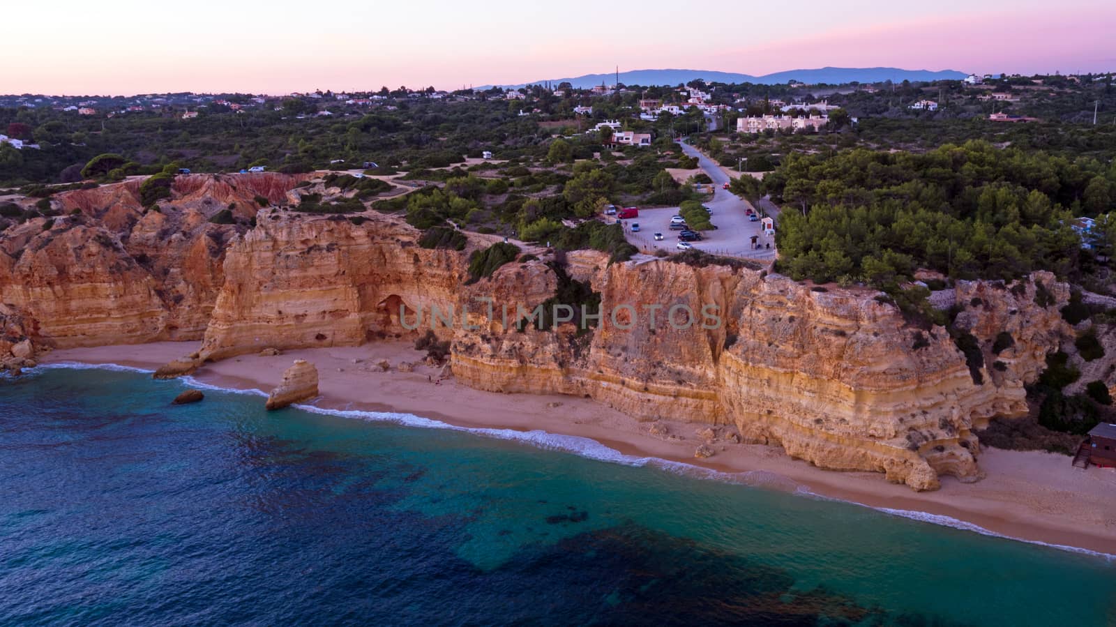 Aerial from Praia da Marinha in the Algarve Portugal