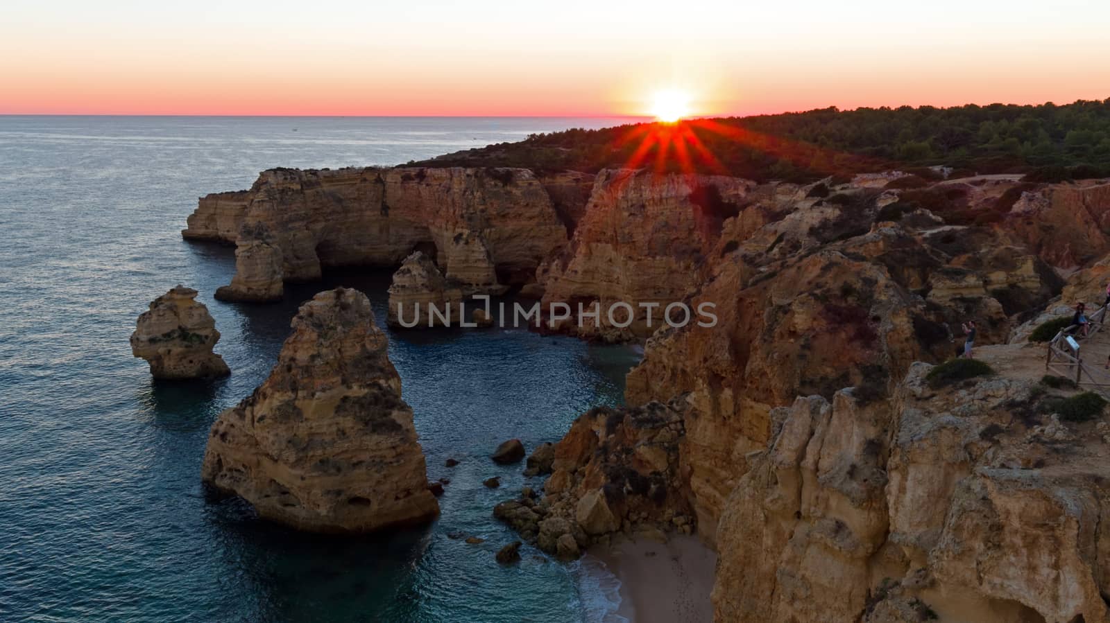 Aerial from Praia da Marinha in the Algarve Portugal at sunset
