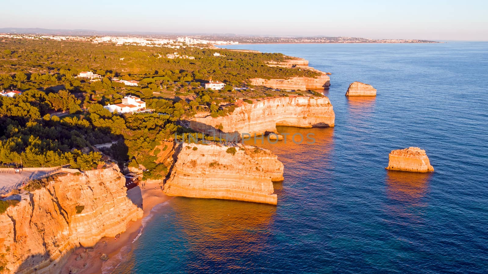 Aerial from Praia da Marinha in the Algarve Portugal at sunset
