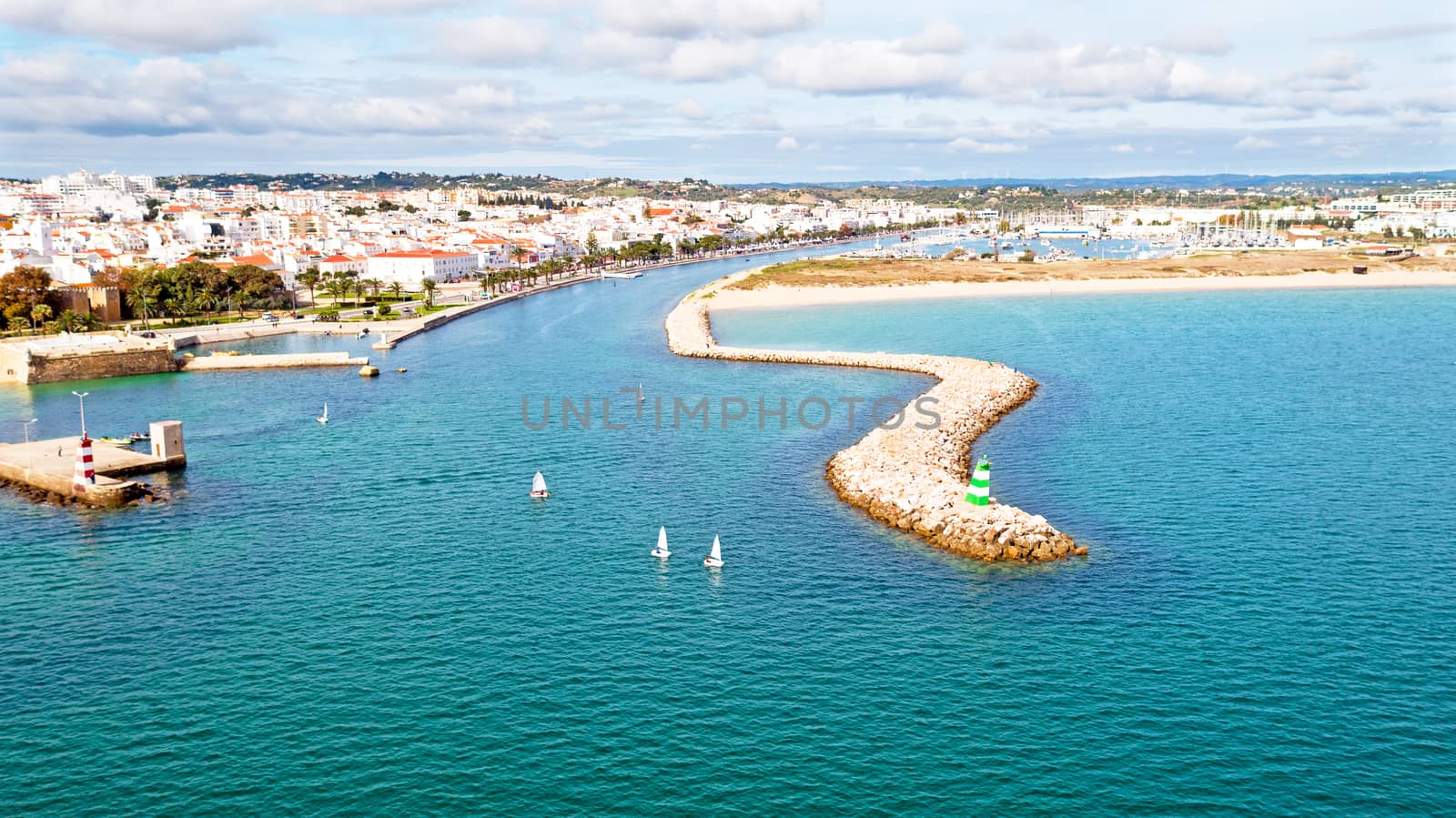 Aerial from the city Lagos in the Algarve in Portugal