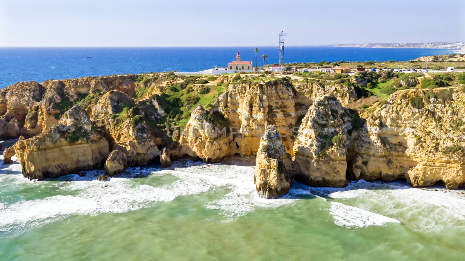 Aerial from Ponte Piedade with the Lighthouse in Lagos Portugal