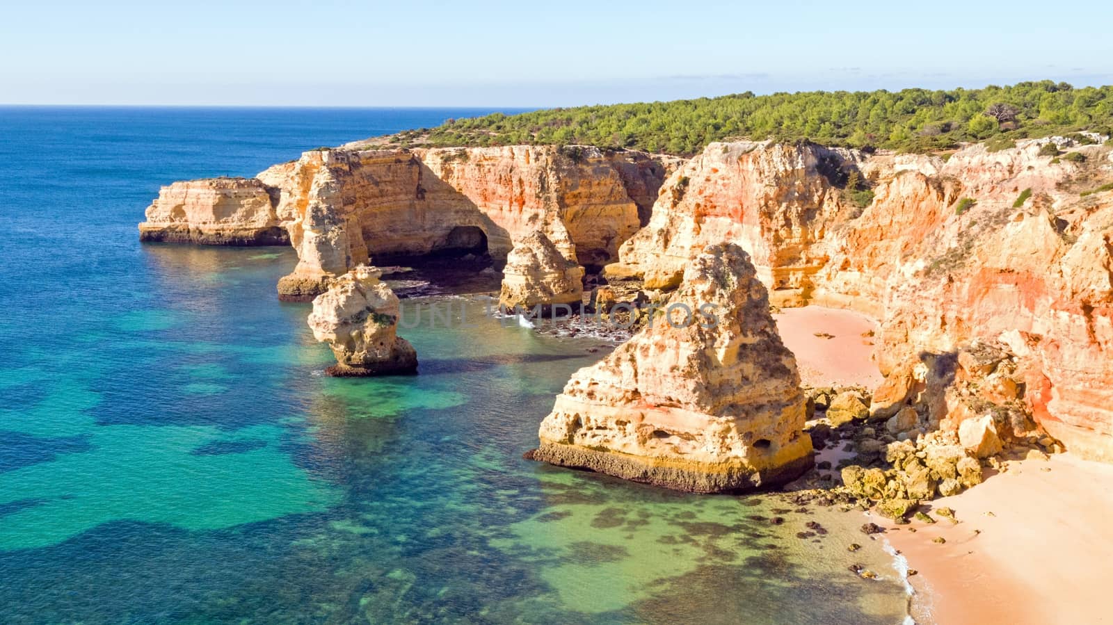 Aerial from Praia da Marinha in the Algarve Portugal