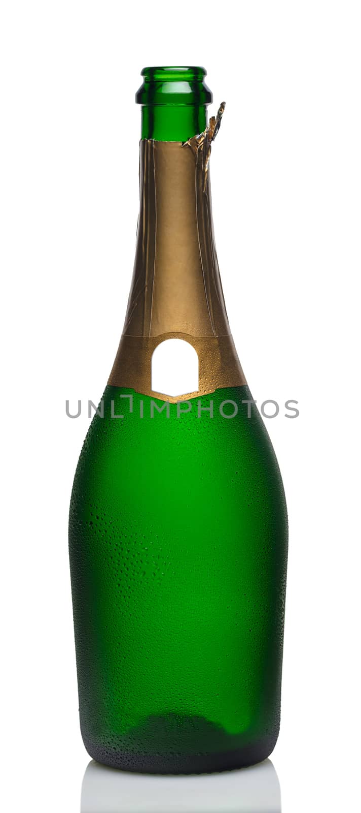 open bottle of champagne on a white background