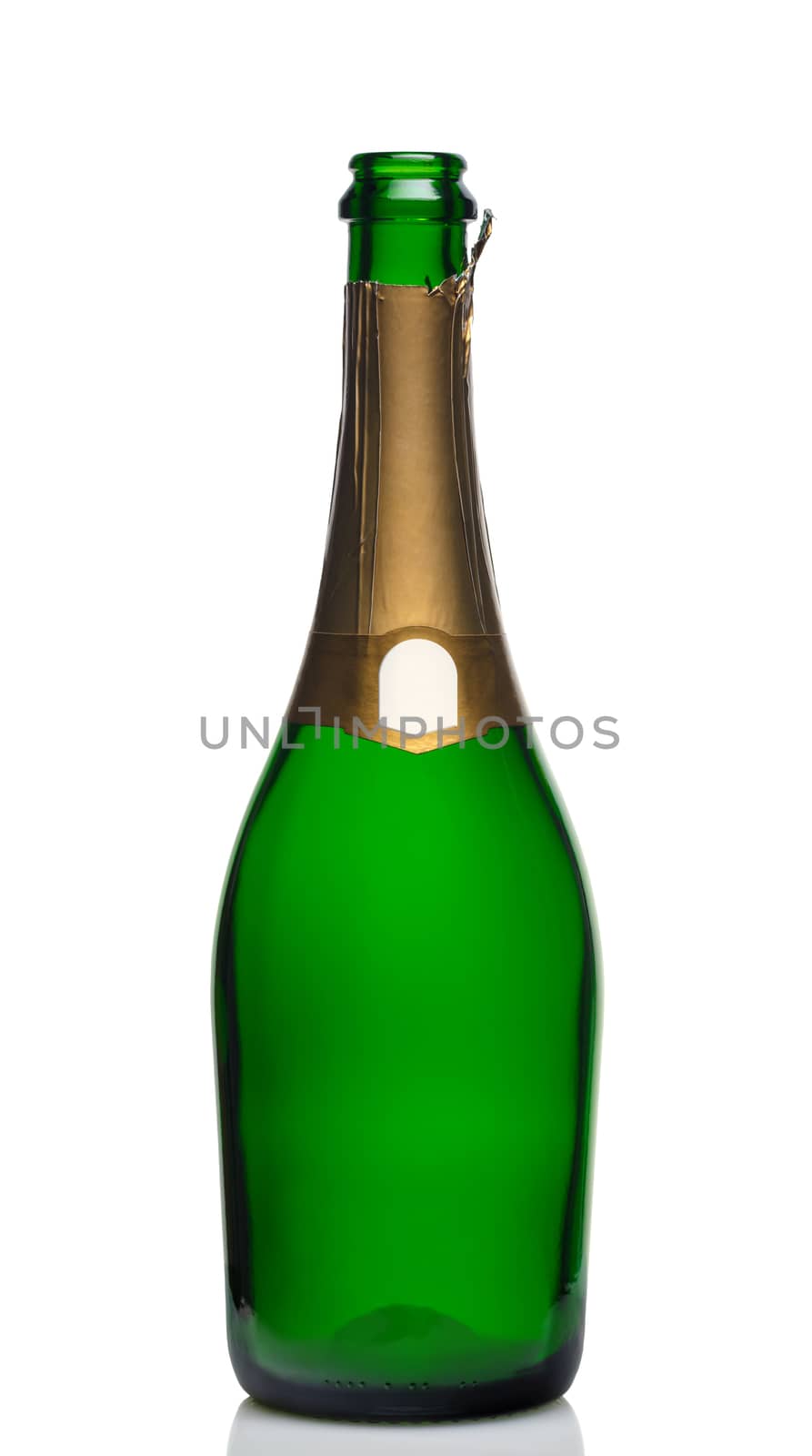 open bottle of champagne on a white background