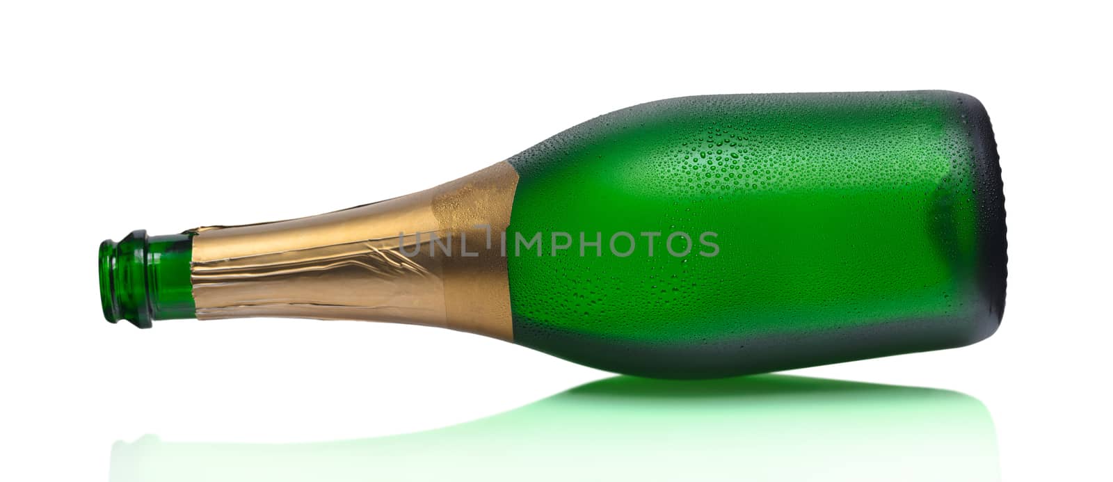 open bottle of champagne on a white background