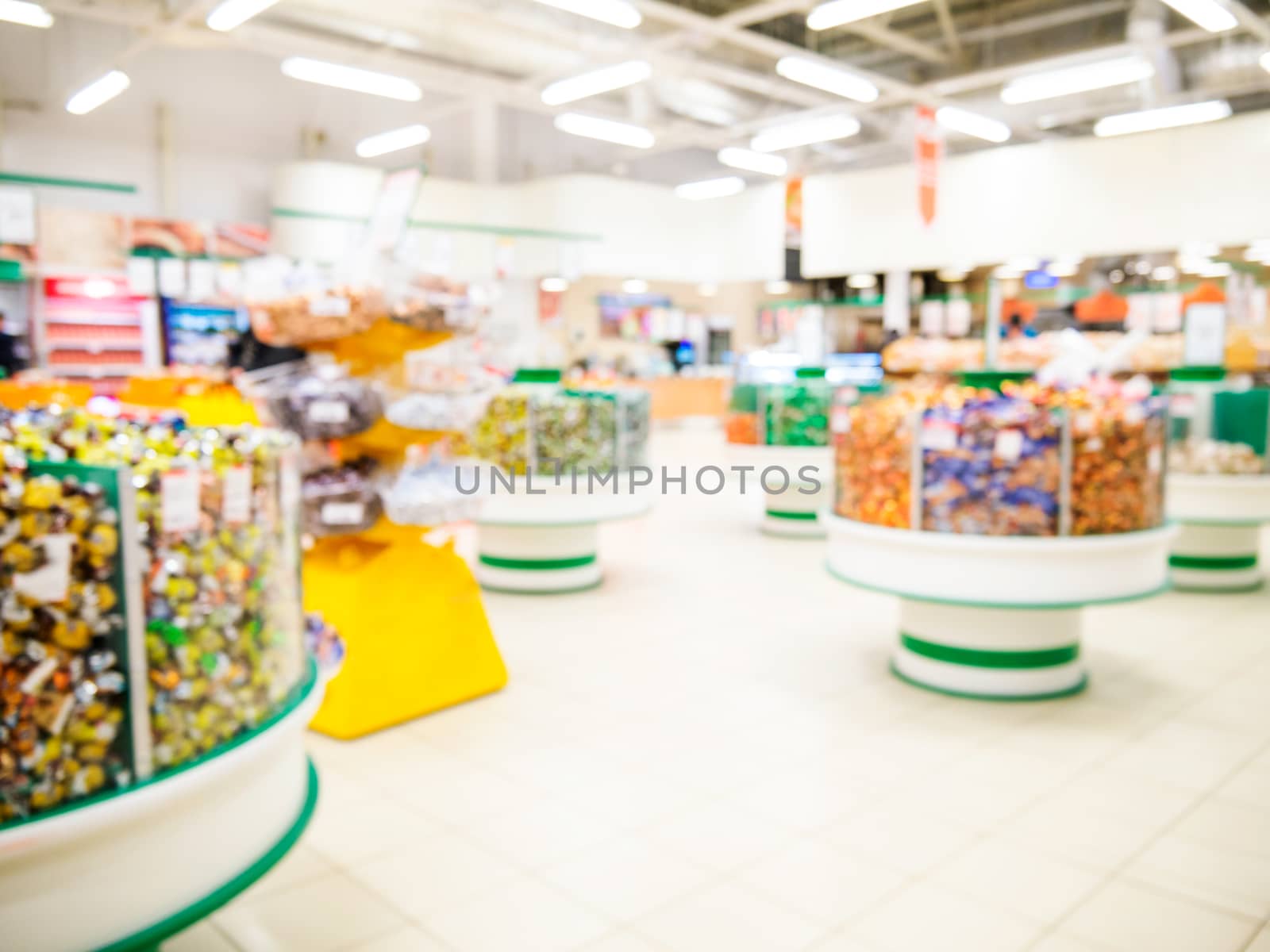 Abstract blurred supermarket aisle with colorful shelves as background