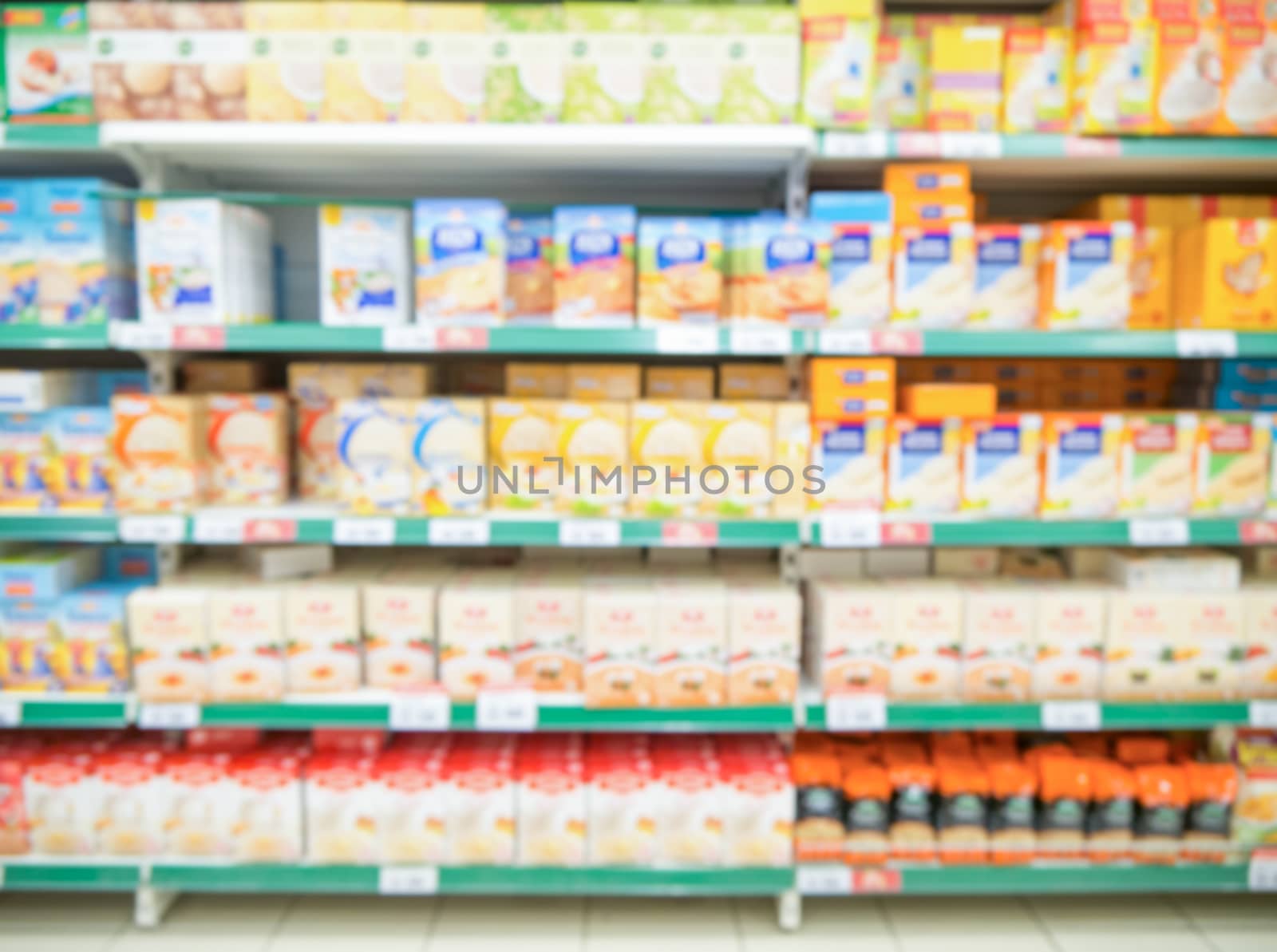 Abstract blurred supermarket colorful shelves of grocery department as background