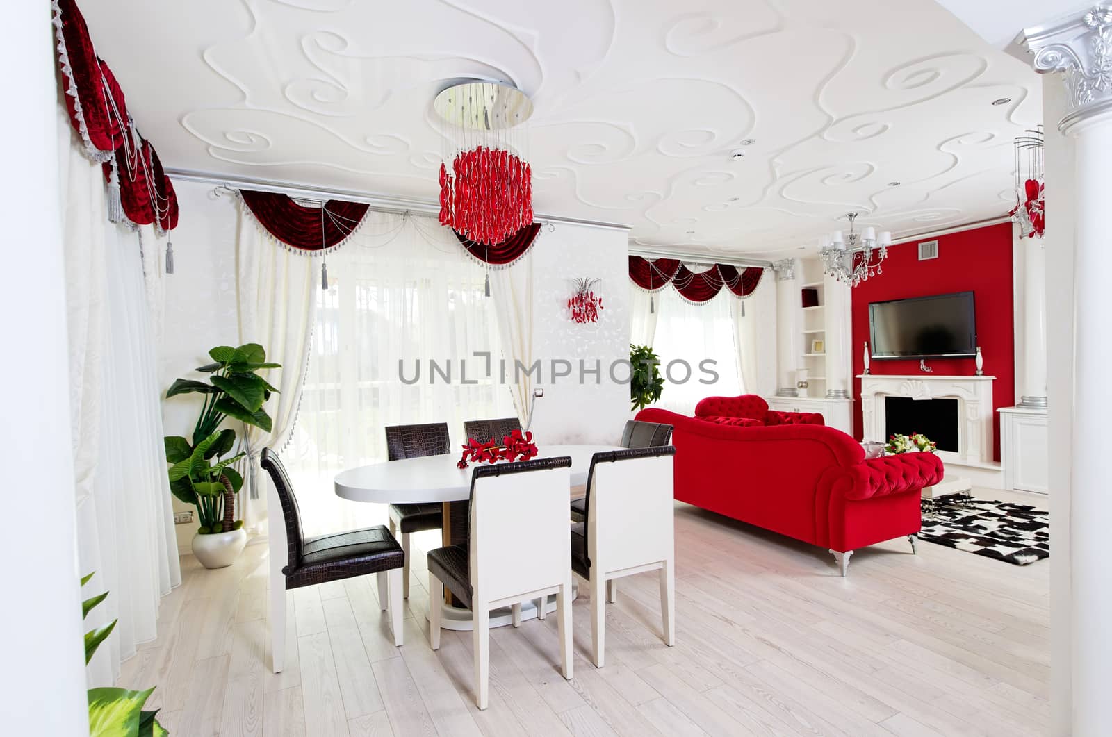 Classical living room interior in white and red  by RawGroup