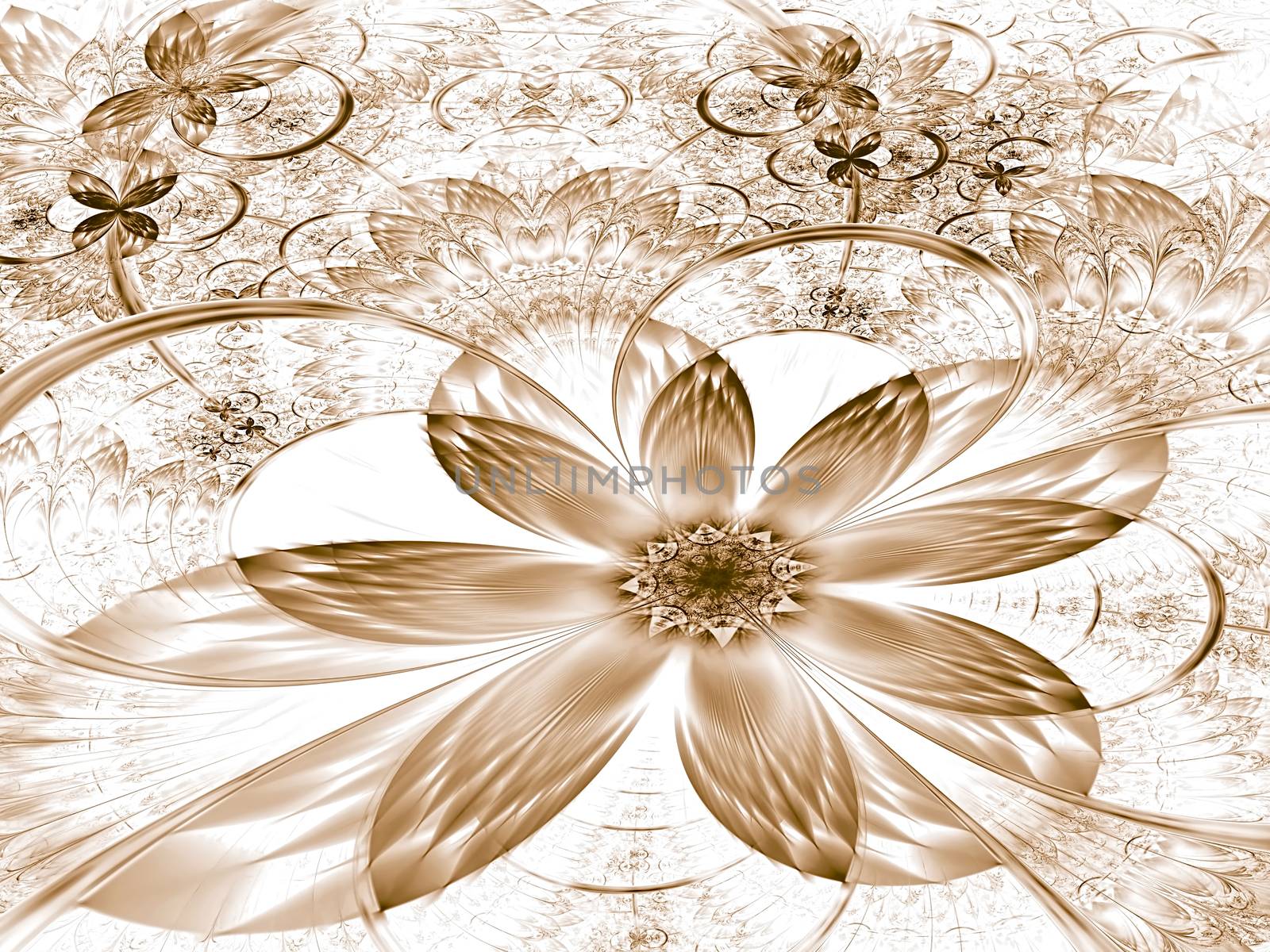 Fractal flower - abstract computer-generated image. Digital art: unusual mystery flower with textured petals on a background with intricate patterns. For cards, covers, web design