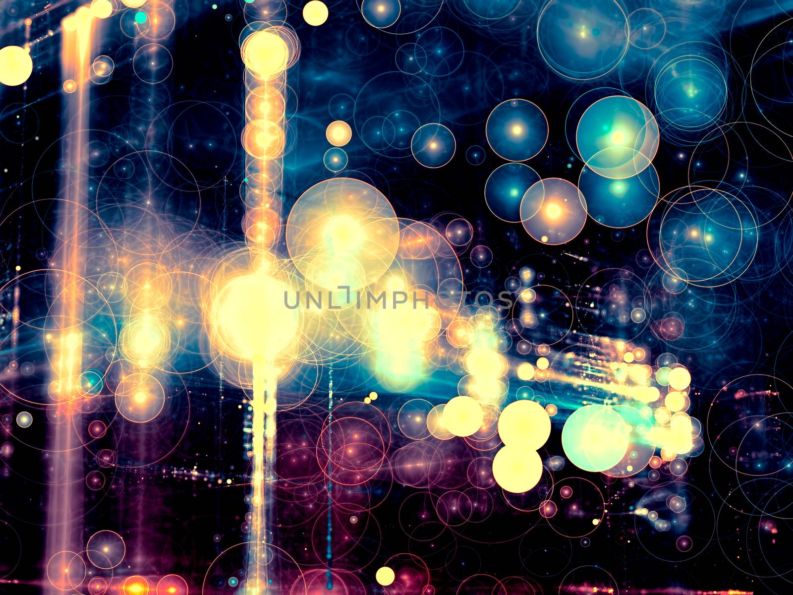 Abstract festive blurred background - computer-generated image. Fractal geometry: randomly placed bubbles. Trendy bokeh backdrop.