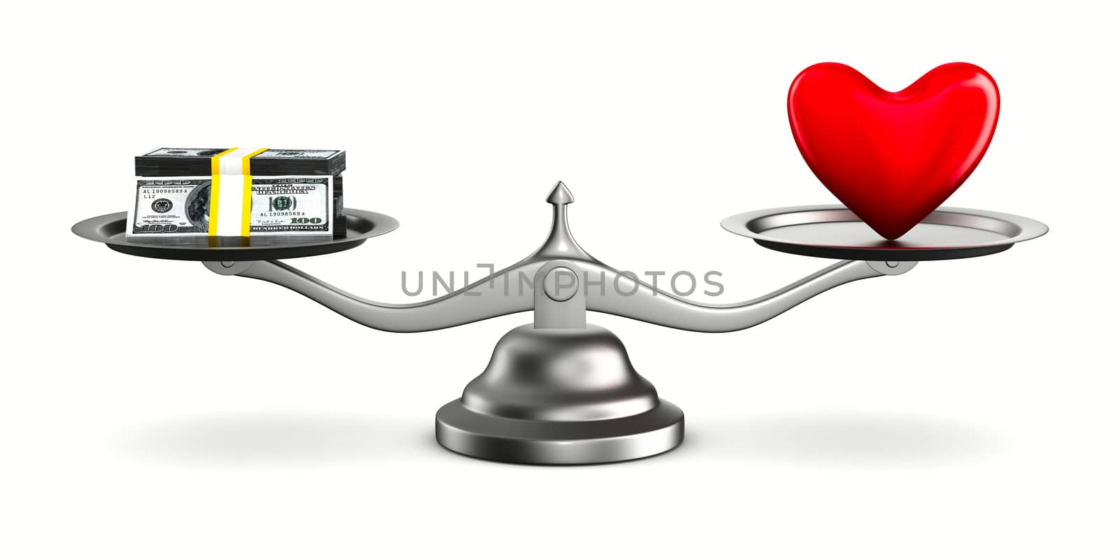 Heart and money on scales. Isolated 3D image by ISerg